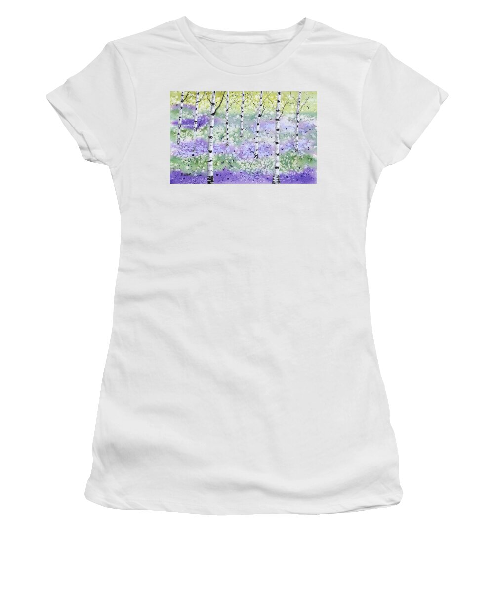 Watercolor Women's T-Shirt featuring the painting Birch Trees and Purple Flowers by Barbara West