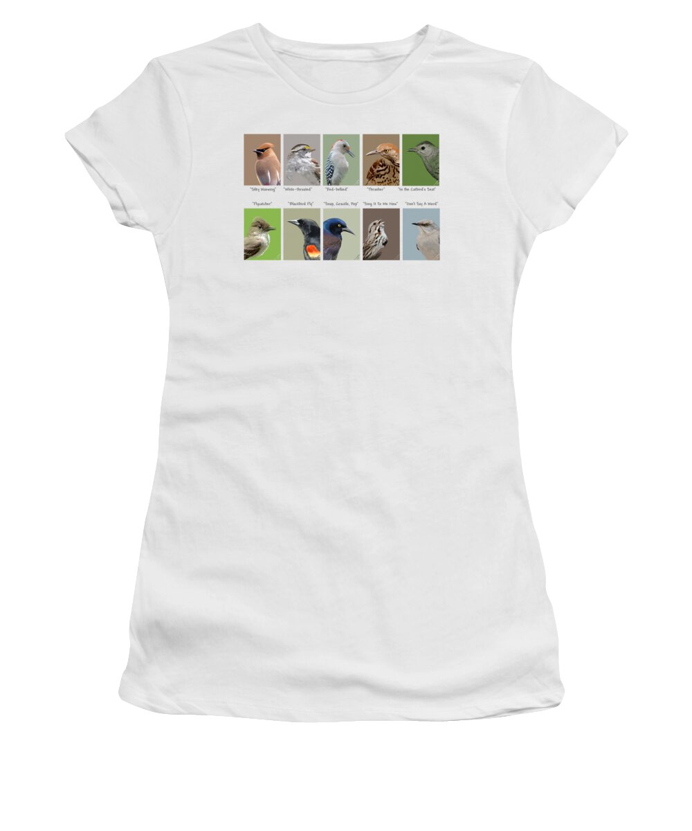 Birds Women's T-Shirt featuring the mixed media Birds En Masse 2 by Judy Cuddehe