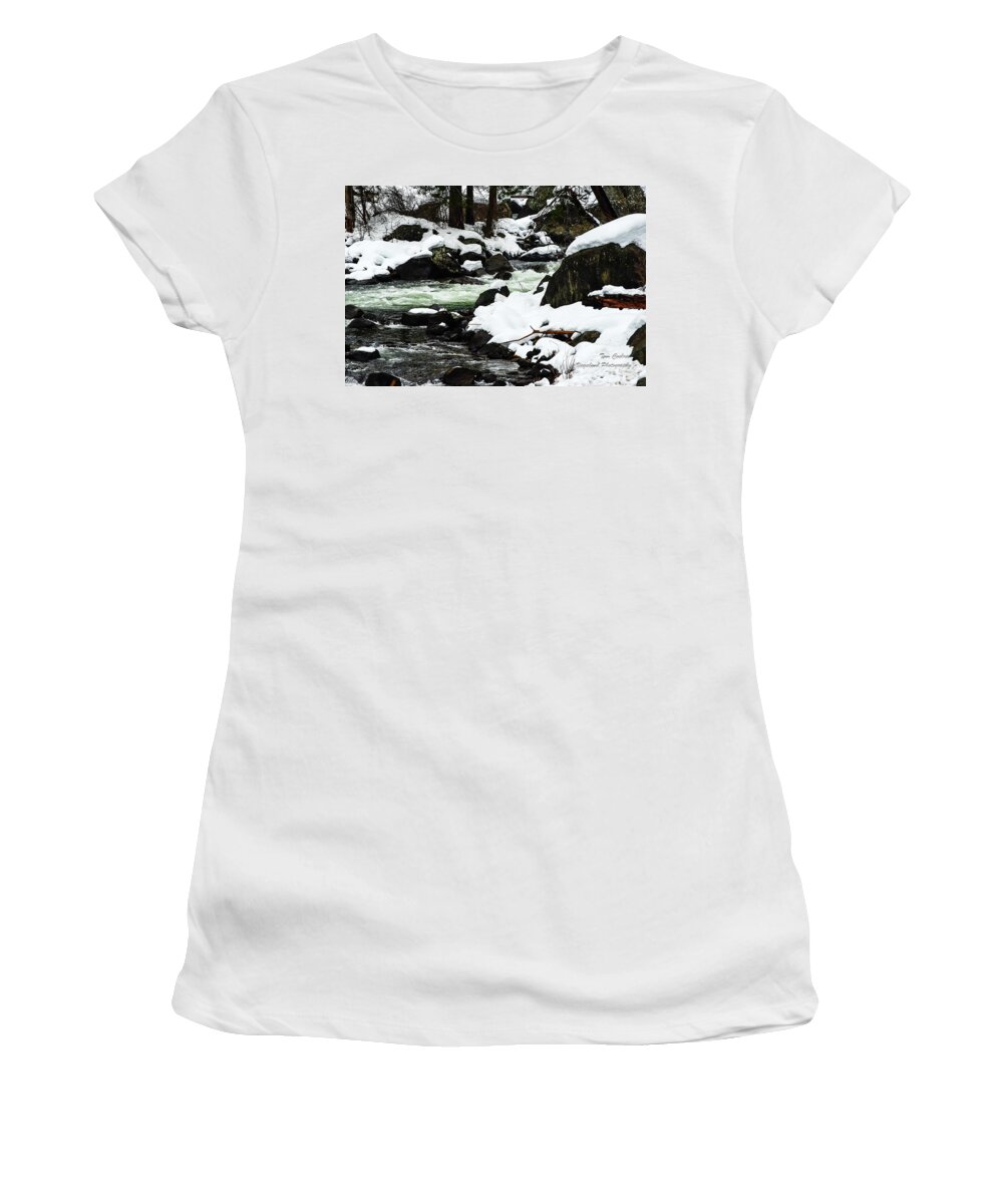 Black And White Rocks And Snow Women's T-Shirt featuring the photograph Black and White Rocks and Snow by Tom Cochran
