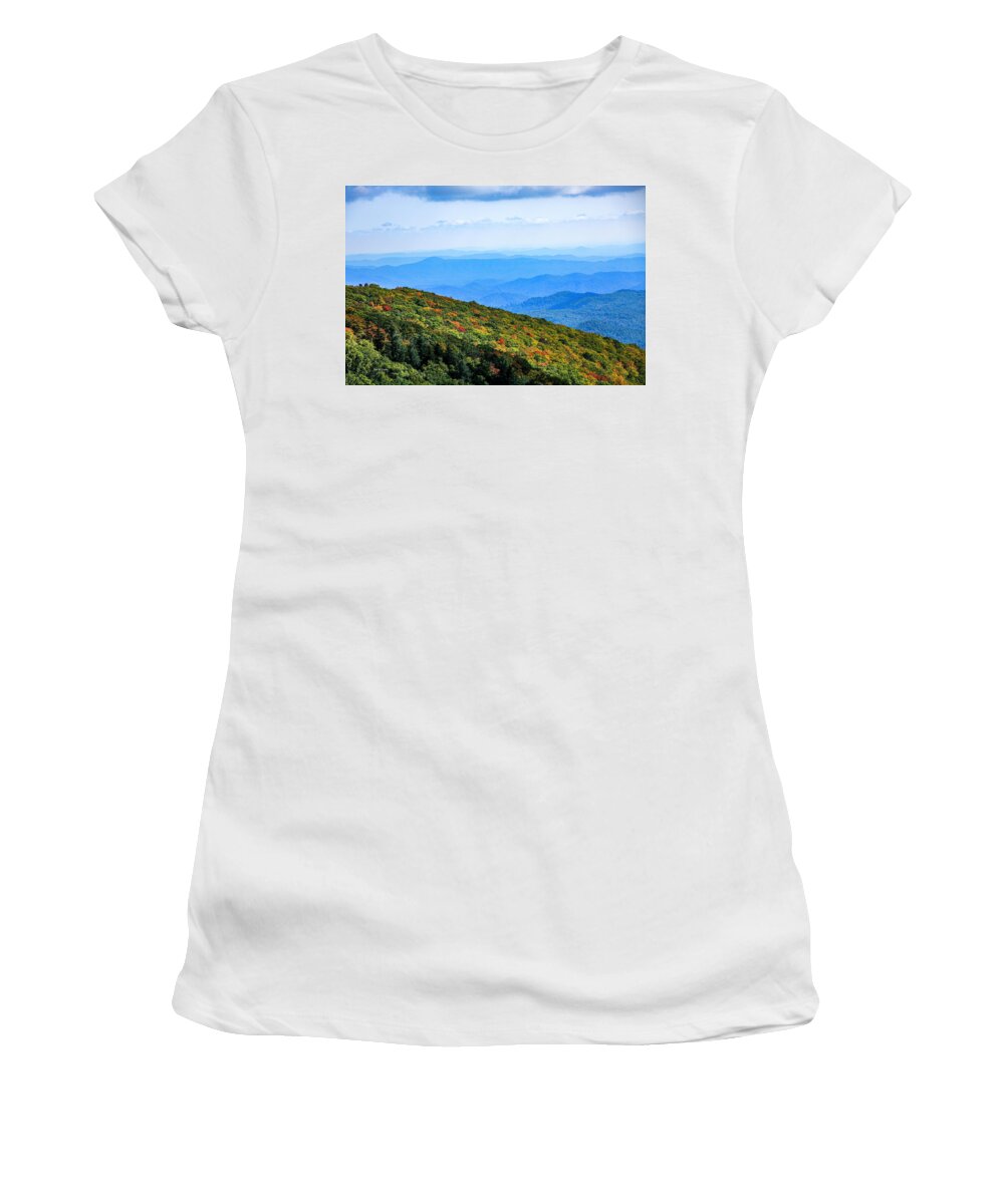 Blue Ridge Parkway Women's T-Shirt featuring the photograph Blue Ridge Autumn Blanket by Dale R Carlson