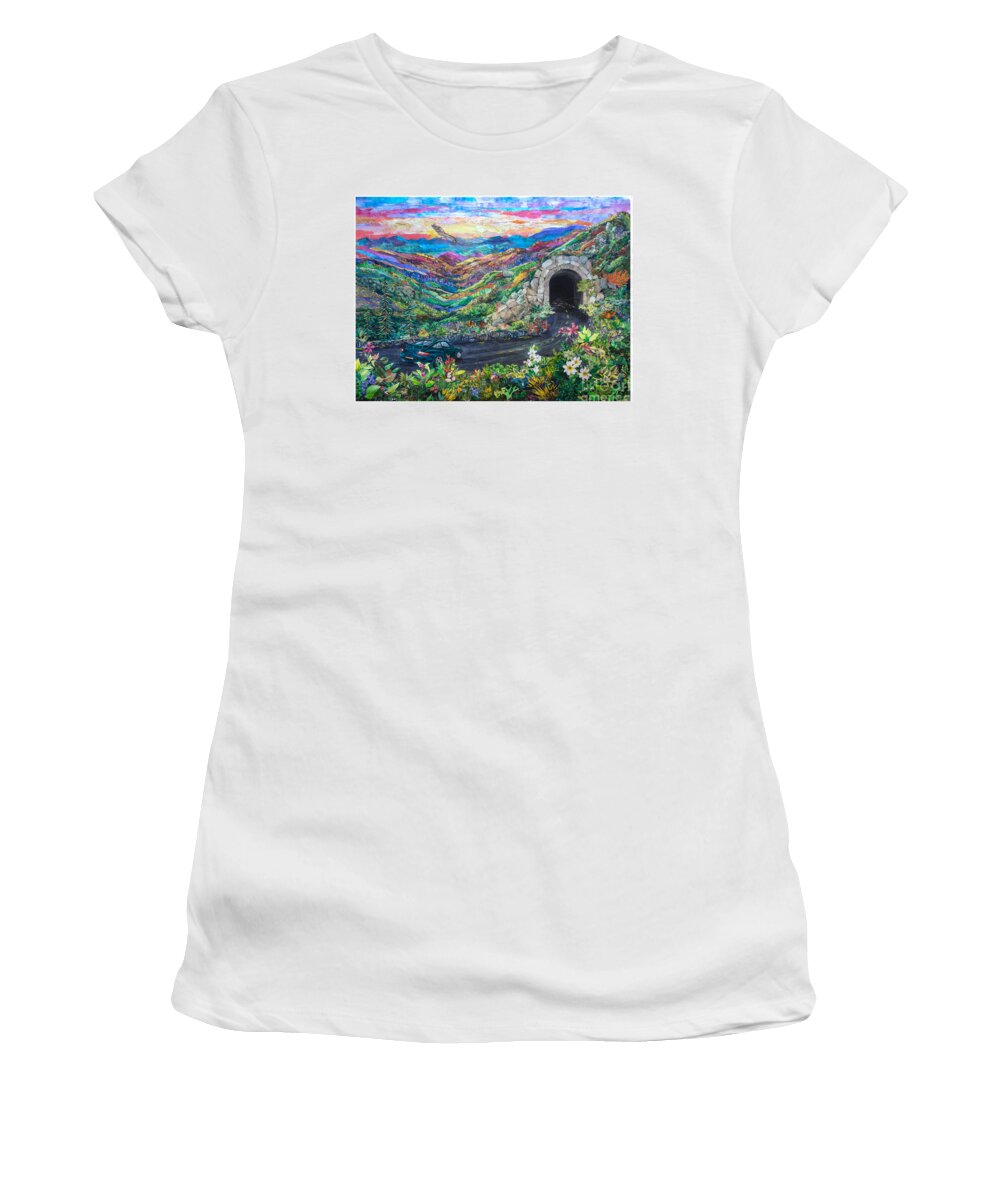 Collage Collages Mixed Media Acrylic Torn Paper Landscape Landscapes Blue Ridge Parkway Appalacian Smokey Mountain Mountains Tunnel Road Forest Woods Hills Women's T-Shirt featuring the mixed media Blue Ridge Parkway by Li Newton