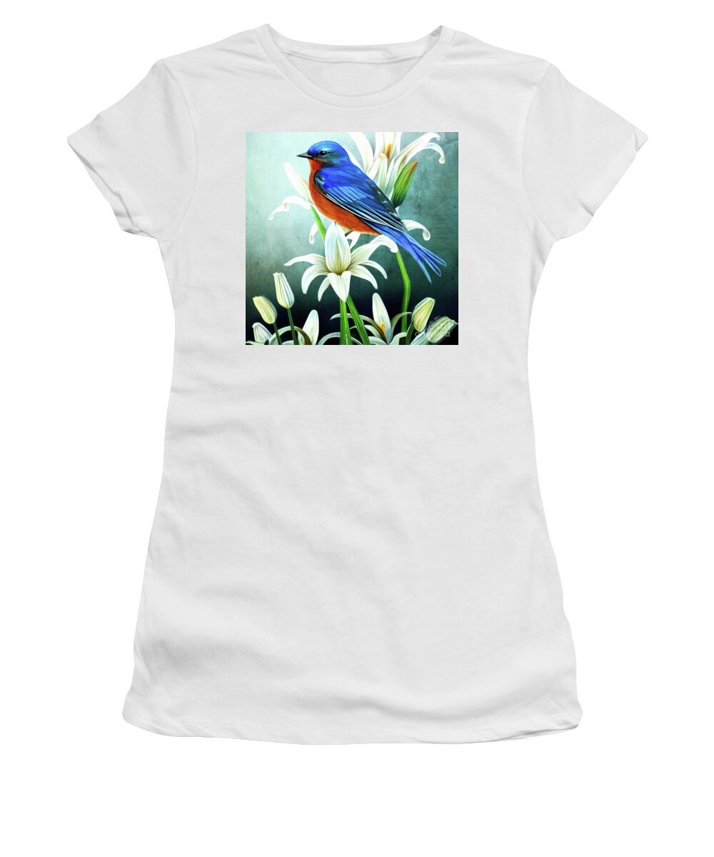 Eastern Bluebird Women's T-Shirt featuring the painting Bluebird In The Lilies by Tina LeCour