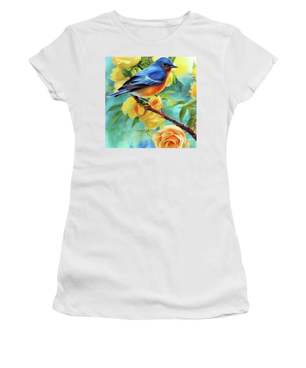 Eastern Bluebird Women's T-Shirt featuring the painting Bluebird In The Yellow Roses by Tina LeCour