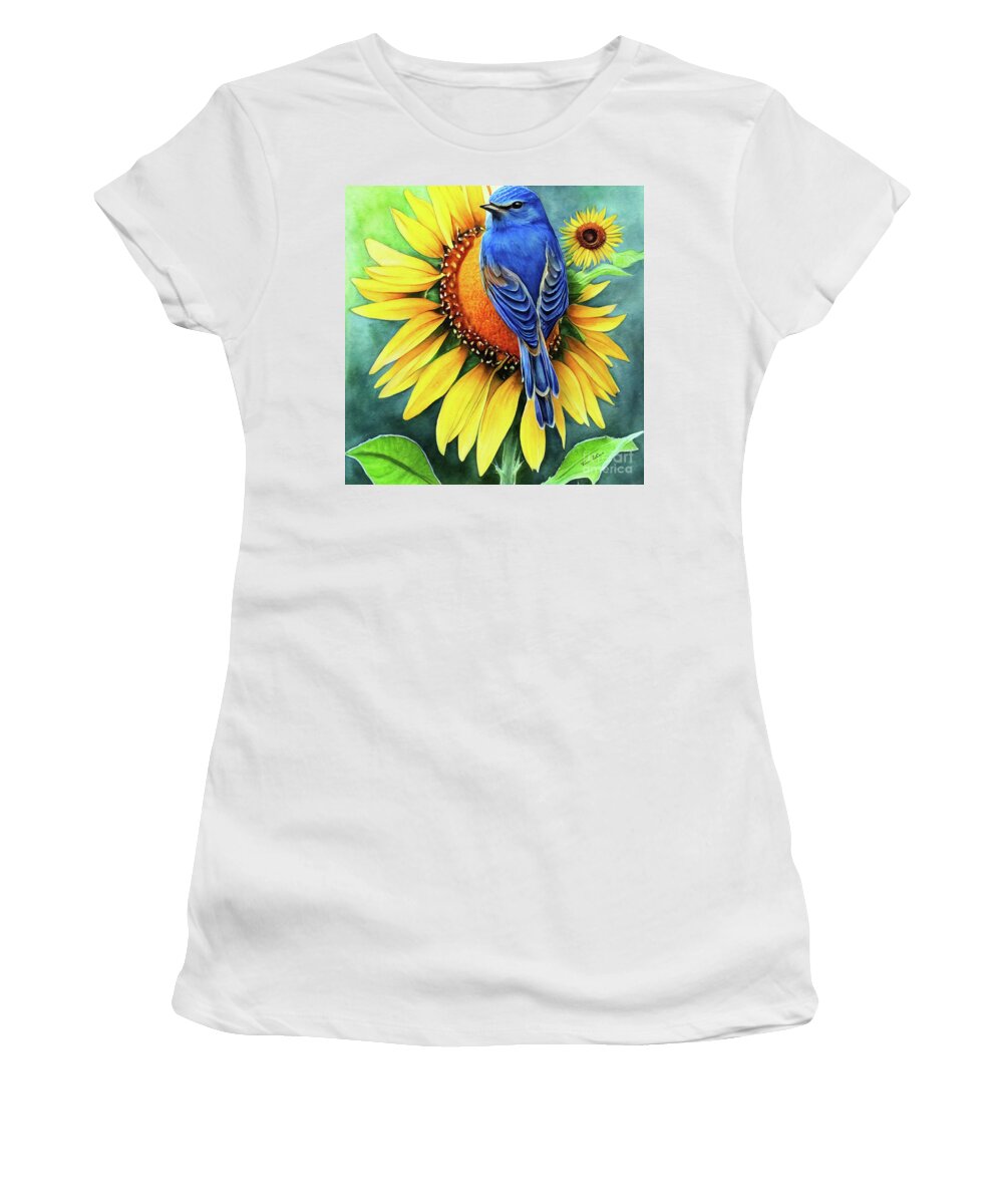 Bluebird Women's T-Shirt featuring the painting Bluebird On The Sunflower by Tina LeCour