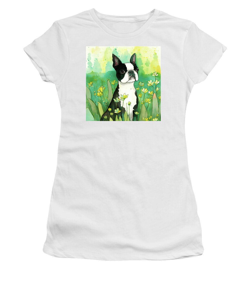 Boston Terrier Women's T-Shirt featuring the digital art Boston Terrier in a flower field 5 by Debbie Brown