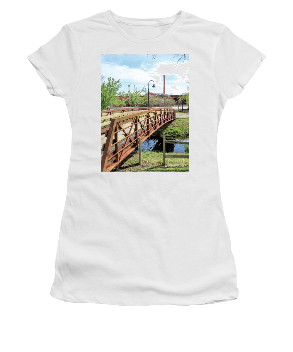 Plymouth Cordage Co Women's T-Shirt featuring the photograph Bridge view of the smokestack by Janice Drew