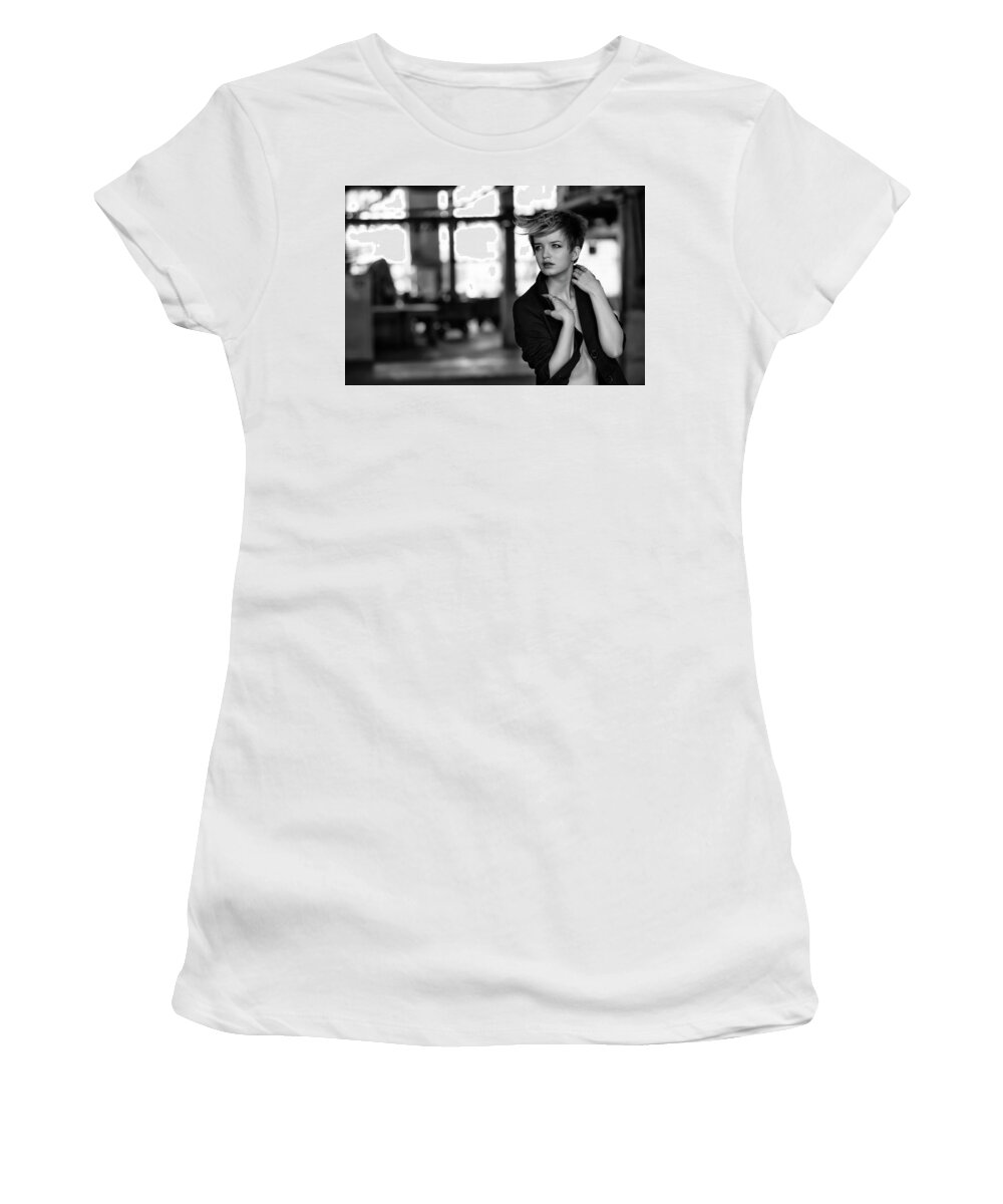Russian Artist New Wave Women's T-Shirt featuring the photograph Briella at Factory. Black and White by Vitaly Vakhrushev
