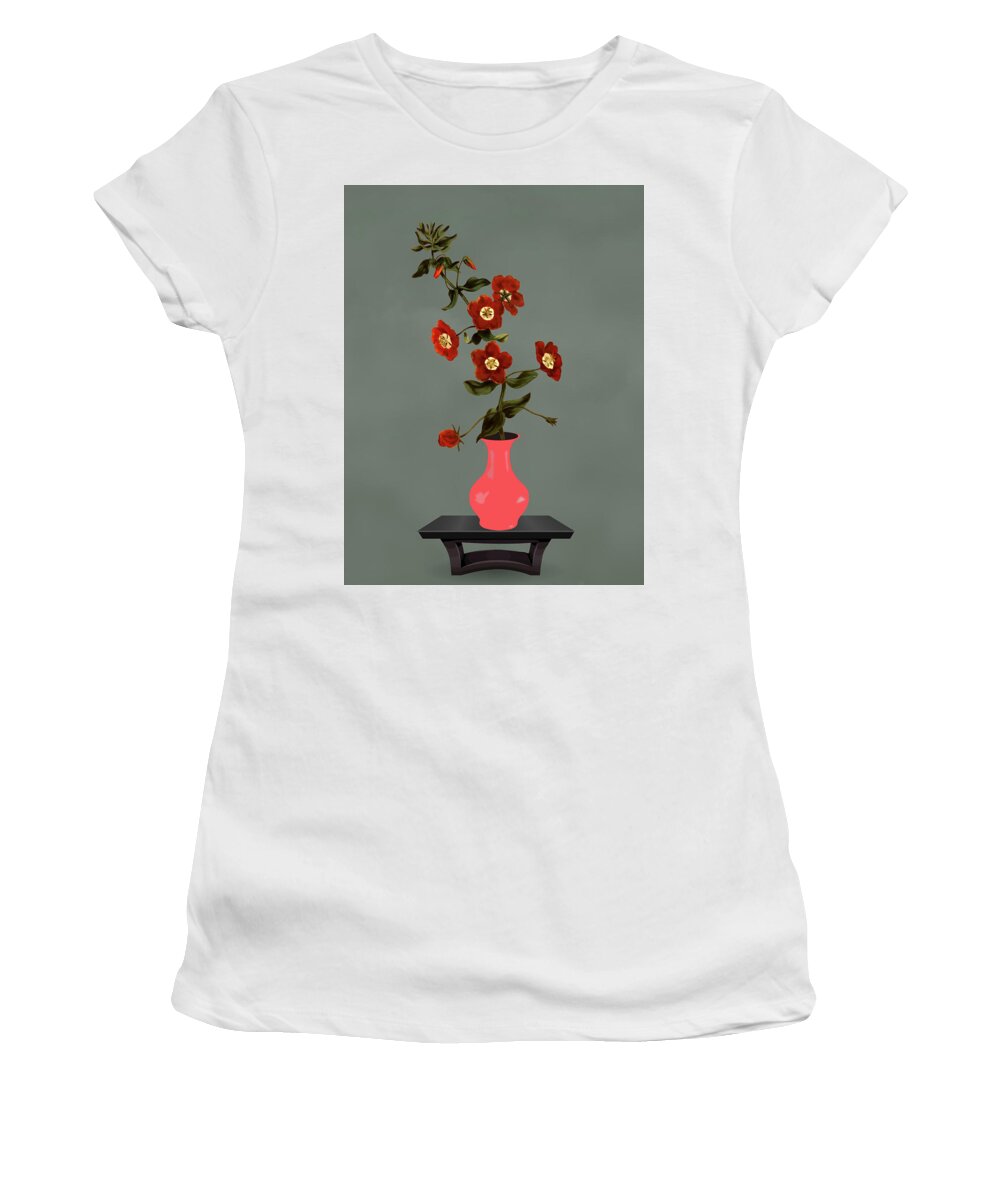 Shrubby Pimpernel Women's T-Shirt featuring the mixed media Bright Pink Glass Vase with Flowers by David Dehner