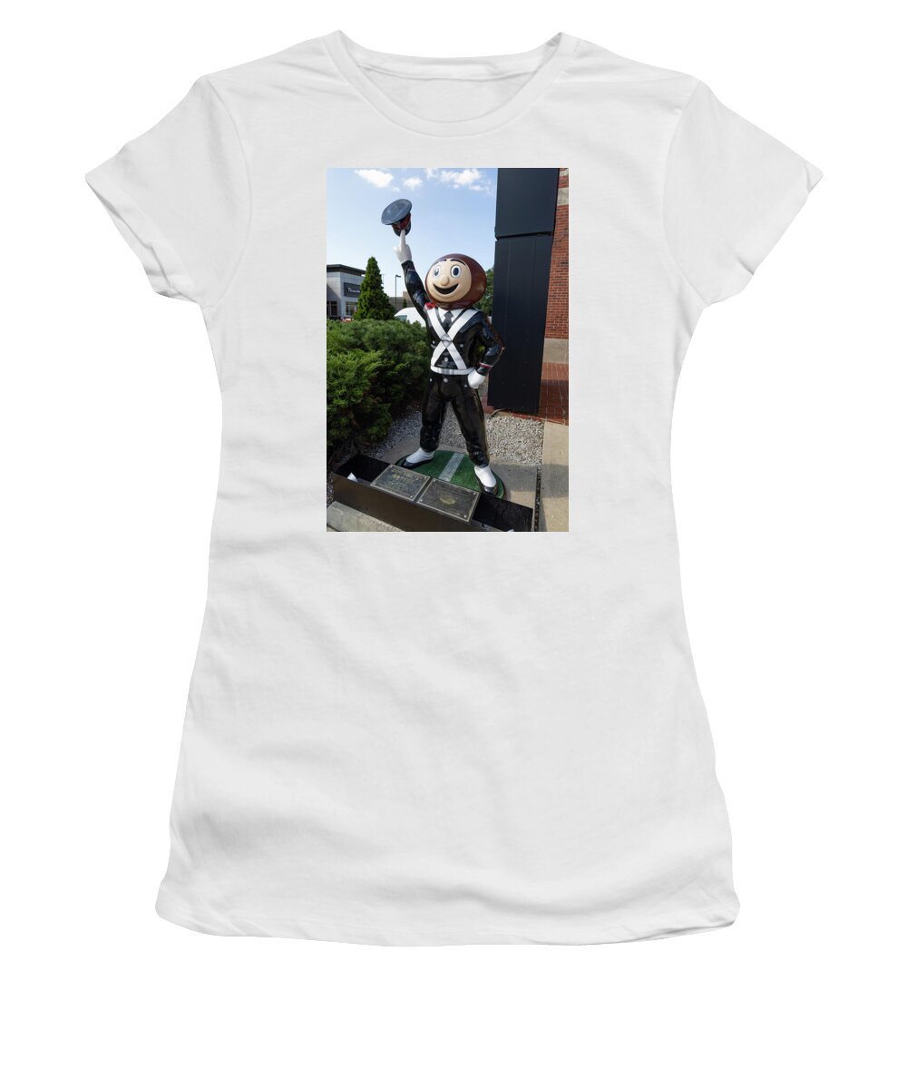 Scarlet And Gray Women's T-Shirt featuring the photograph Brutus Buckeye statue at Ohio State University by Eldon McGraw