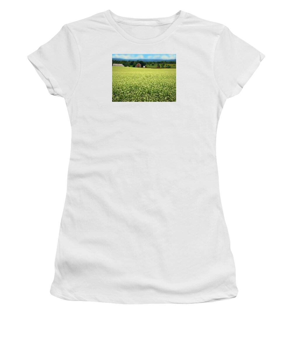 Farm Women's T-Shirt featuring the photograph Buckwheat in Bloom in Pennsylvania by Angela Davies