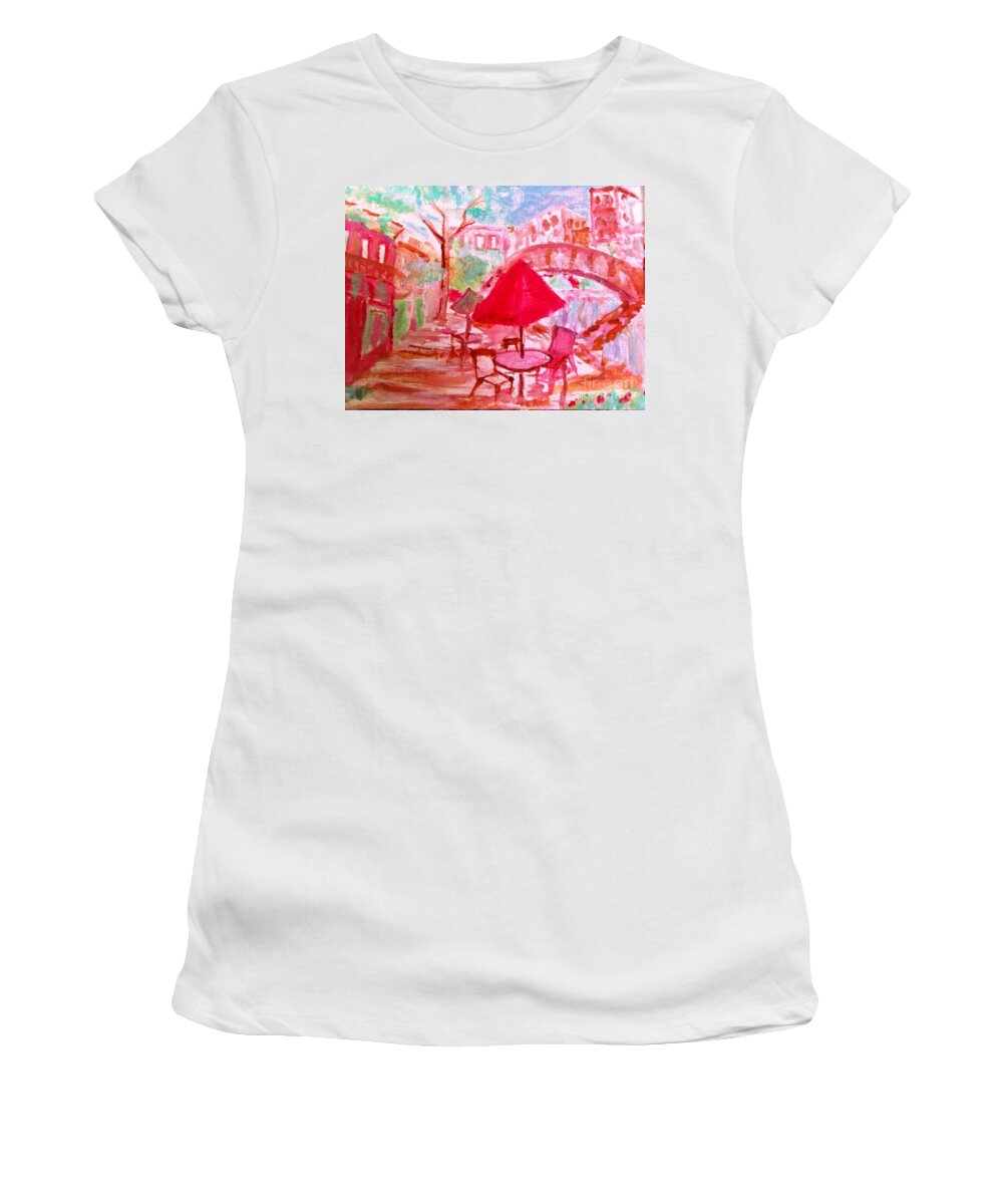 Café Women's T-Shirt featuring the painting By The Canal by Stanley Morganstein