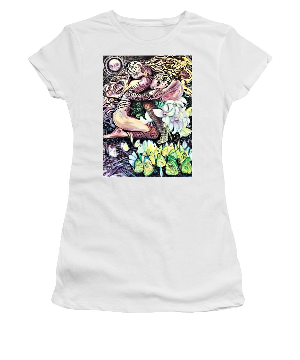 Woman Women's T-Shirt featuring the painting Cabbage Butterflies by Yelena Tylkina