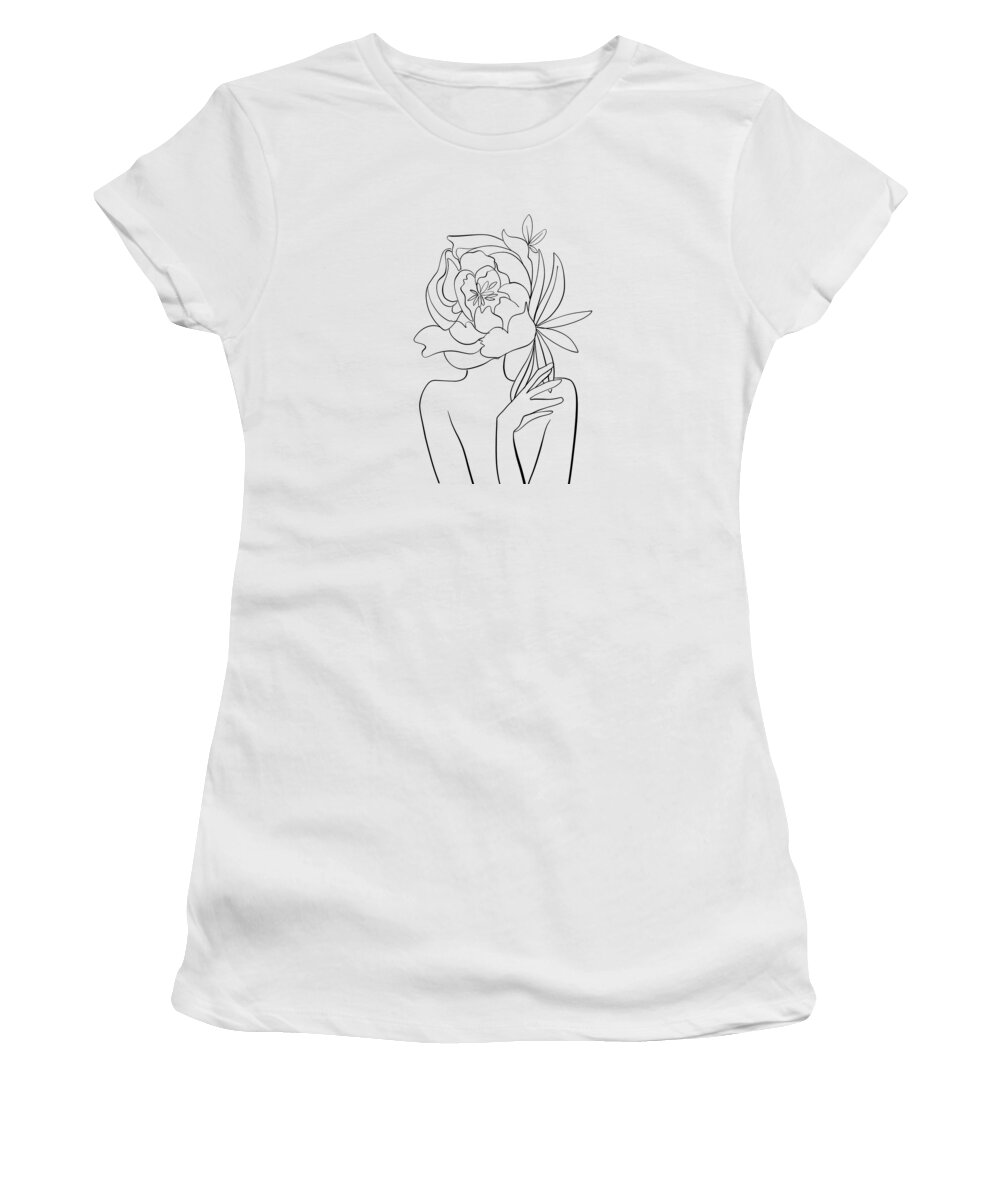  Flowers Women's T-Shirt featuring the digital art Camellia - Minimal, Modern - Abstract Floral Woman Line Art by Studio Grafiikka