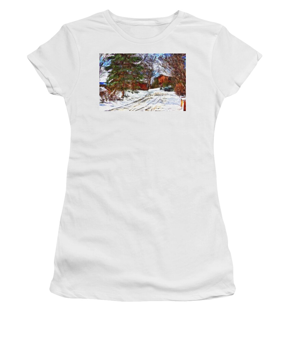 Canadian Women's T-Shirt featuring the mixed media Canadian Winter Scene by Tatiana Travelways
