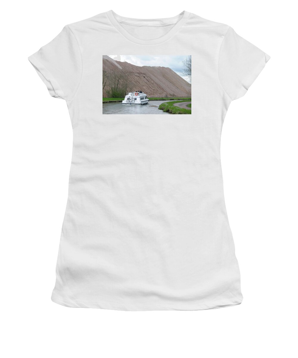 Transportation Women's T-Shirt featuring the photograph Canal boat on the Nivernais Canal running through the Picampoix quarry, Nievre, Burgundy, France by Kevin Oke