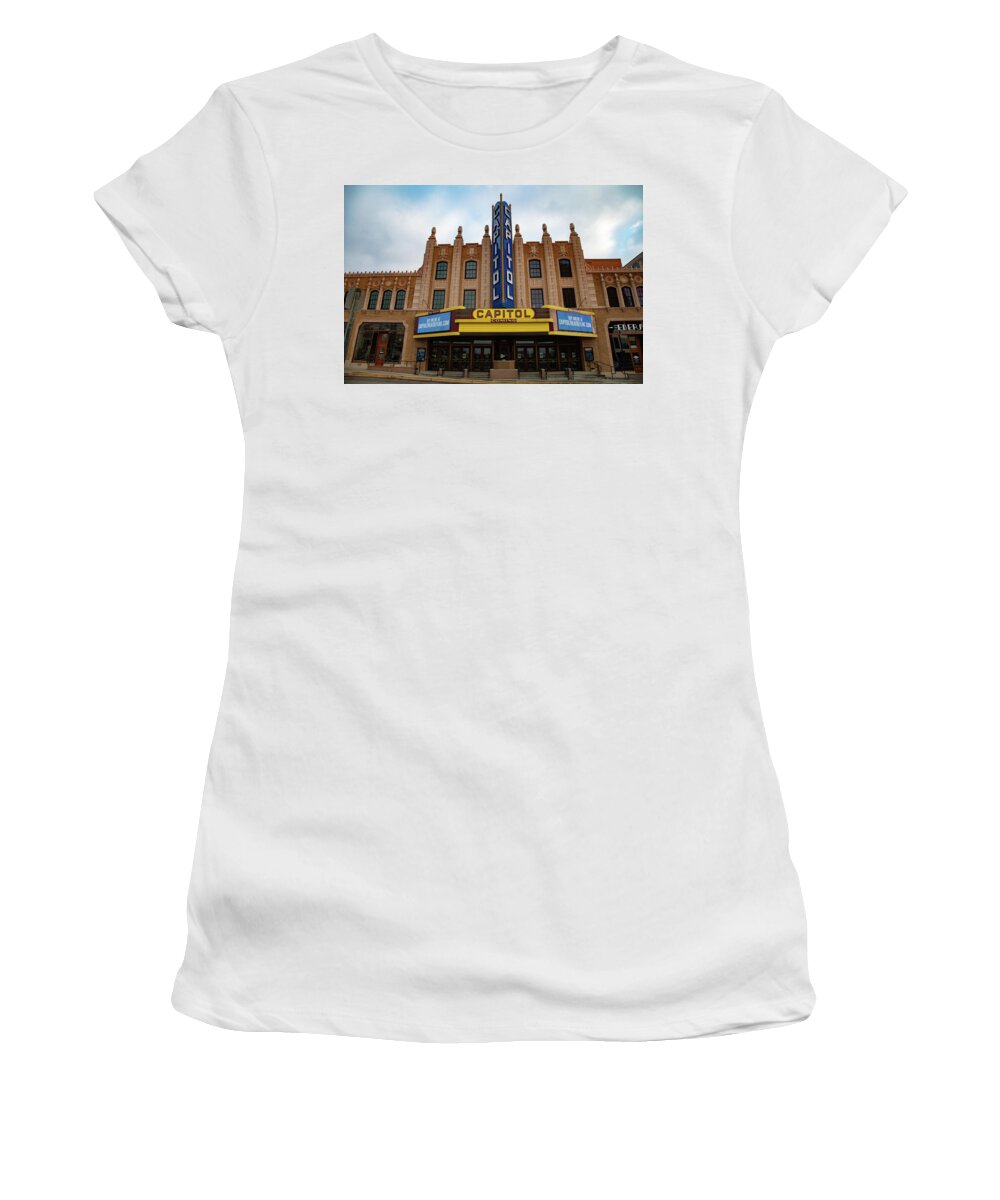 Vintage Movie Theater Women's T-Shirt featuring the photograph Capitol Movie Theater in Flint Michigan by Eldon McGraw