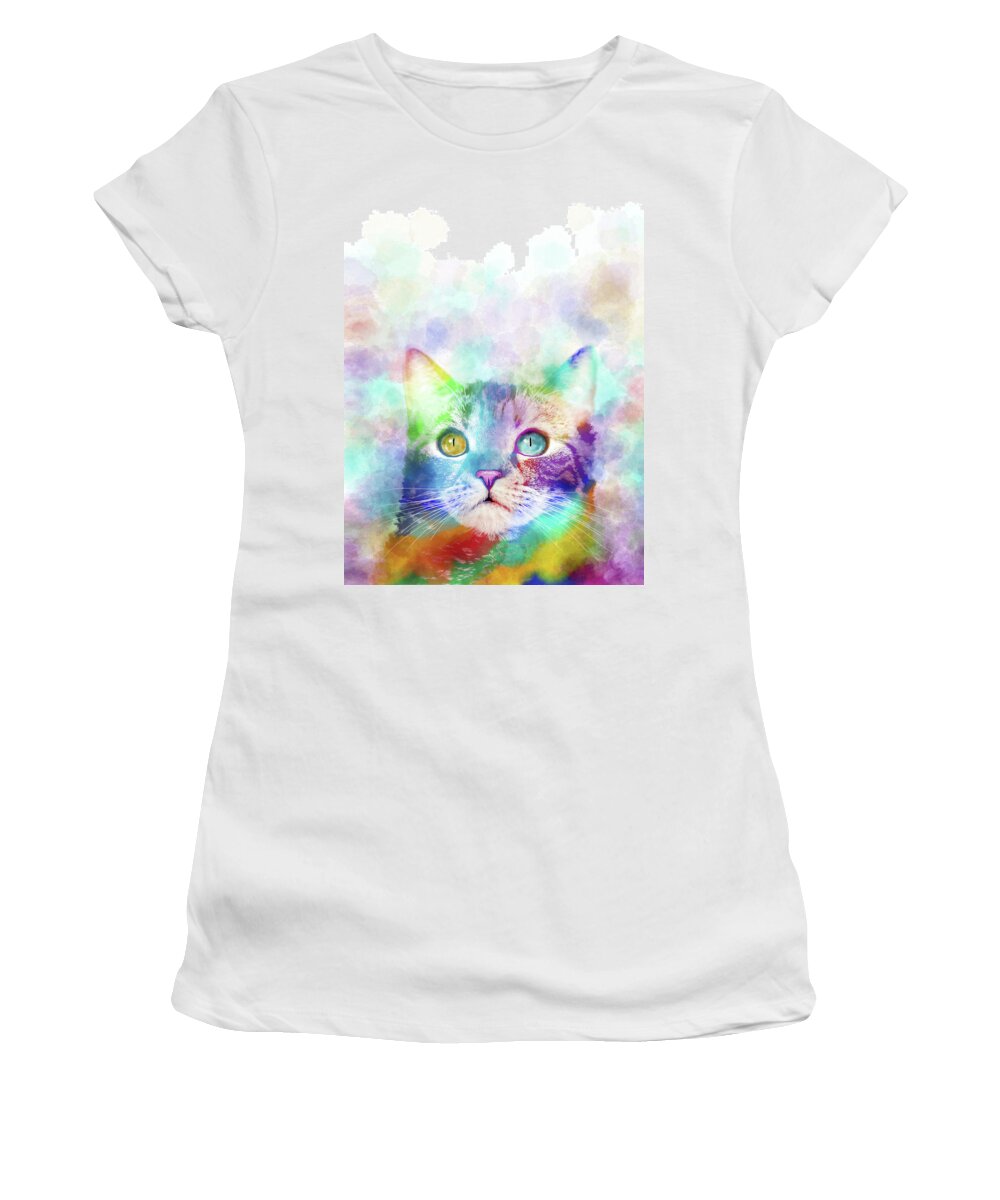 Cat Women's T-Shirt featuring the digital art Cat 663 multicolor cat by artist Lucie Dumas by Lucie Dumas