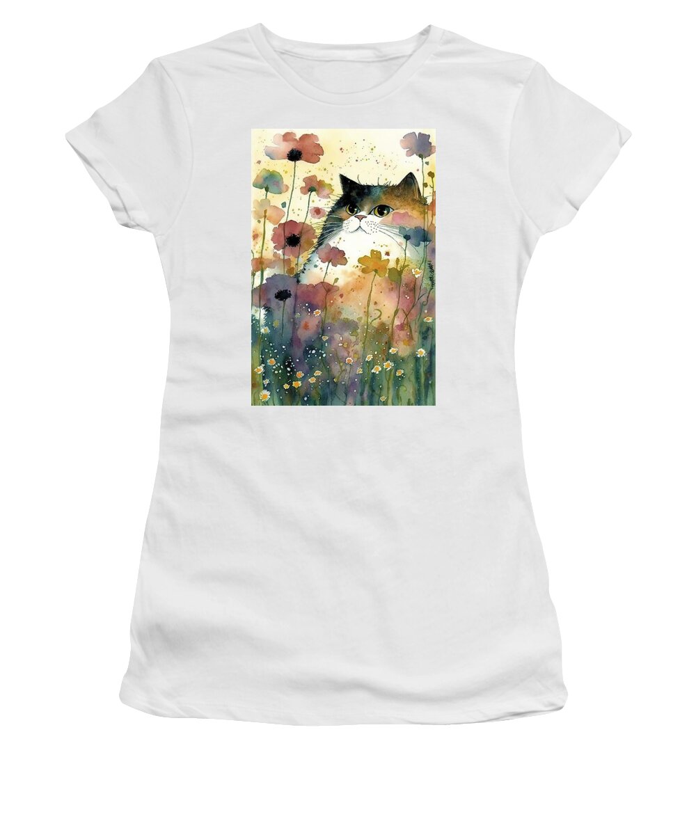 Cat Women's T-Shirt featuring the digital art Cat in a flower field 5 by Debbie Brown