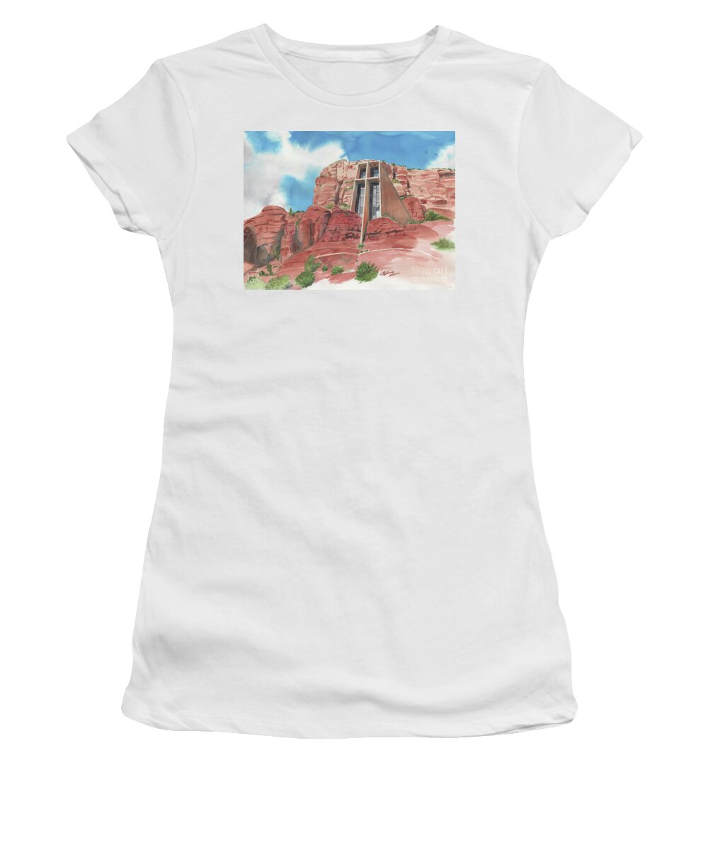 Sedona Women's T-Shirt featuring the painting Chapel of the Holy Cross by LeAnne Sowa