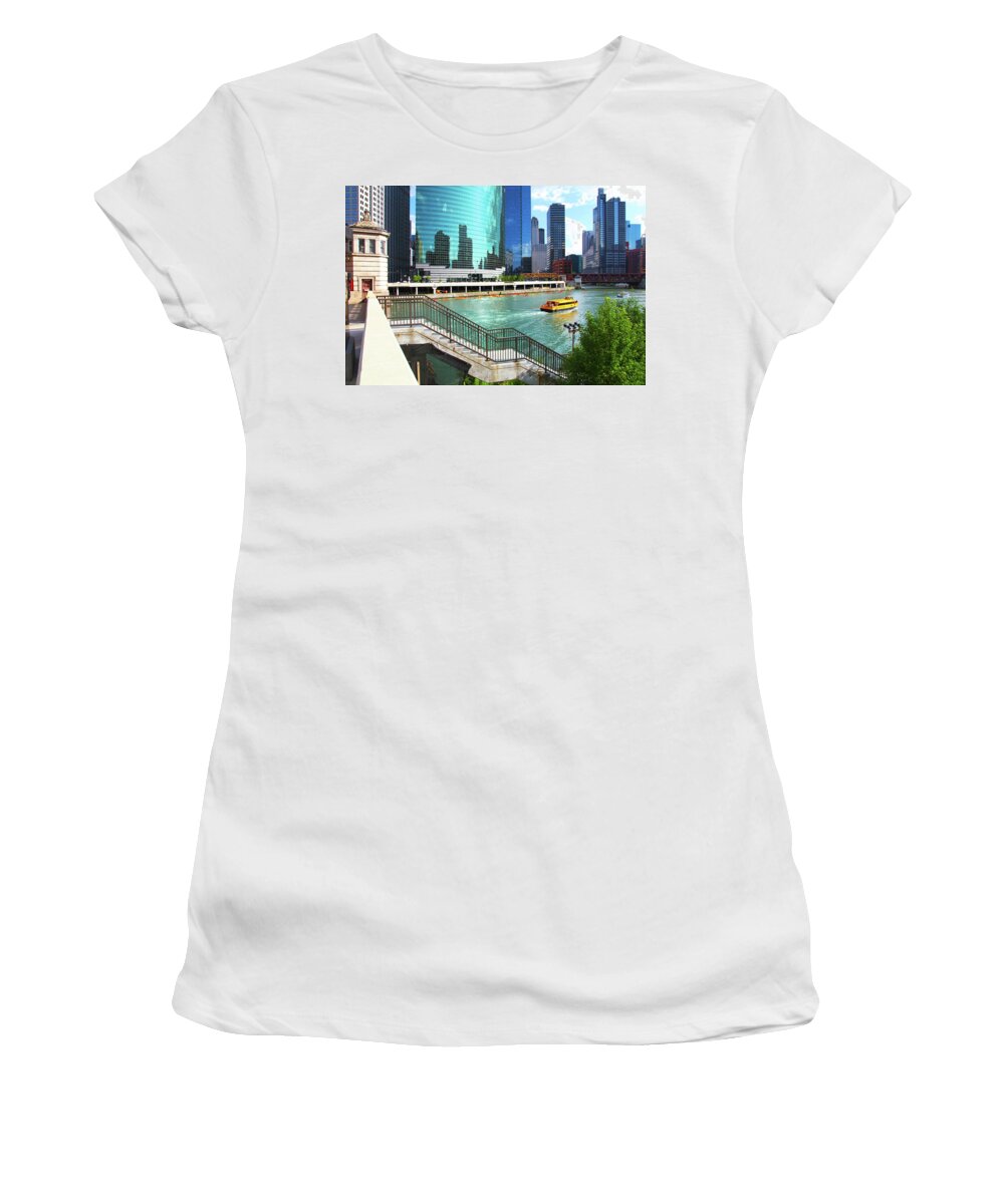 Chicago Skyline Women's T-Shirt featuring the photograph Chicago Skyline River Boat by Patrick Malon