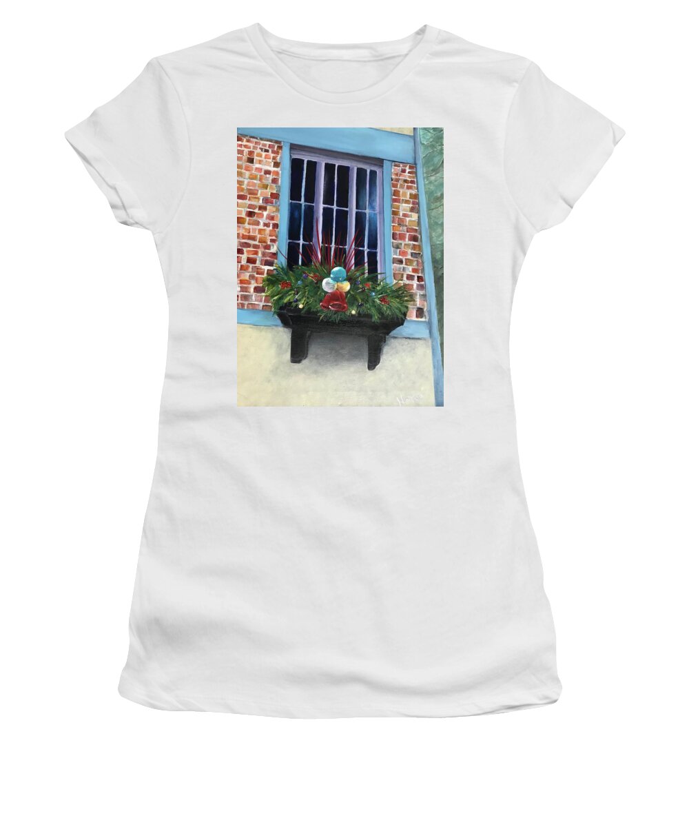 Holiday Women's T-Shirt featuring the painting Christmas Window Box by Deborah Naves