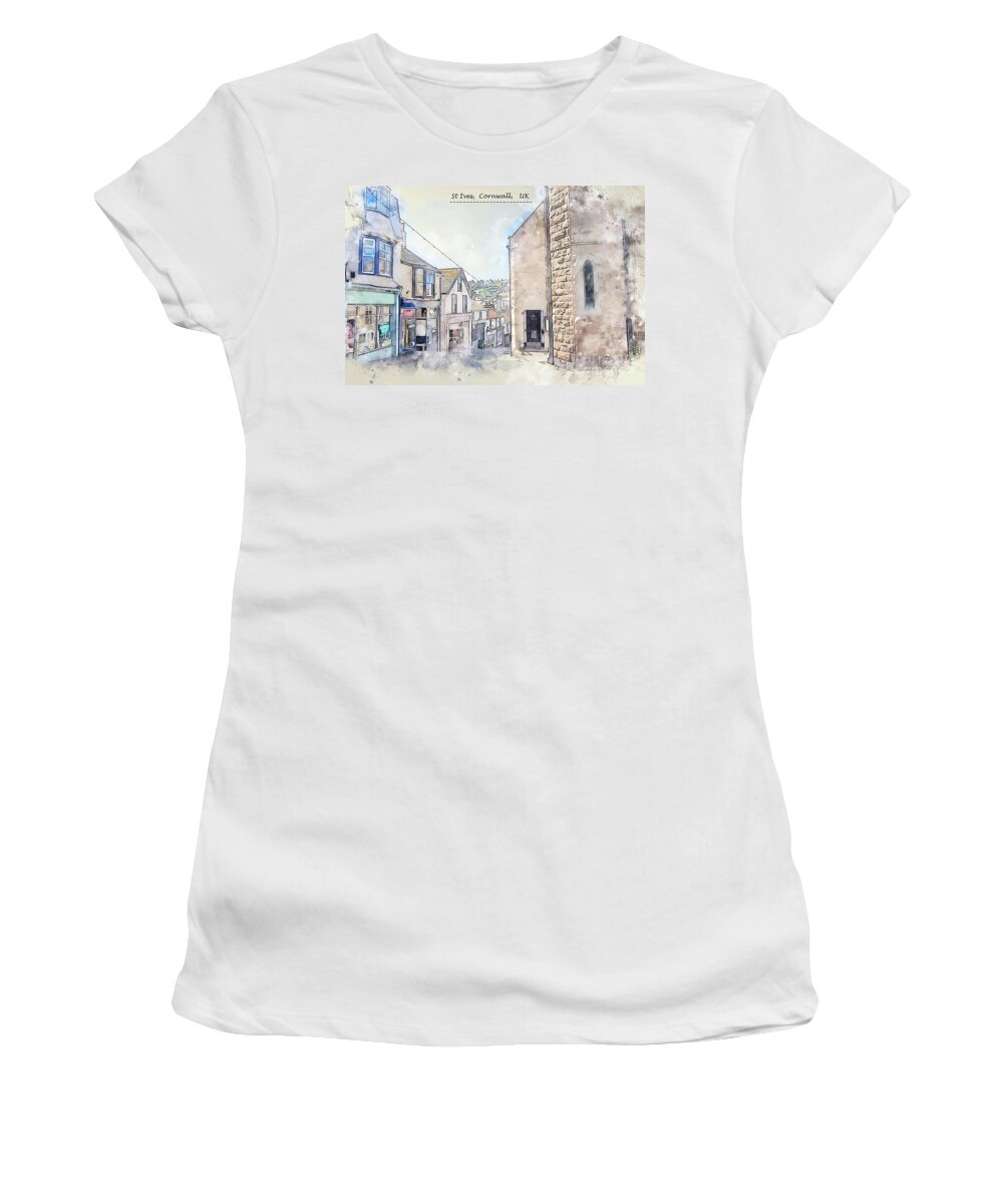 Outdoor Women's T-Shirt featuring the digital art city life of St Ives, Cornwall, UK, in sketch style by Ariadna De Raadt