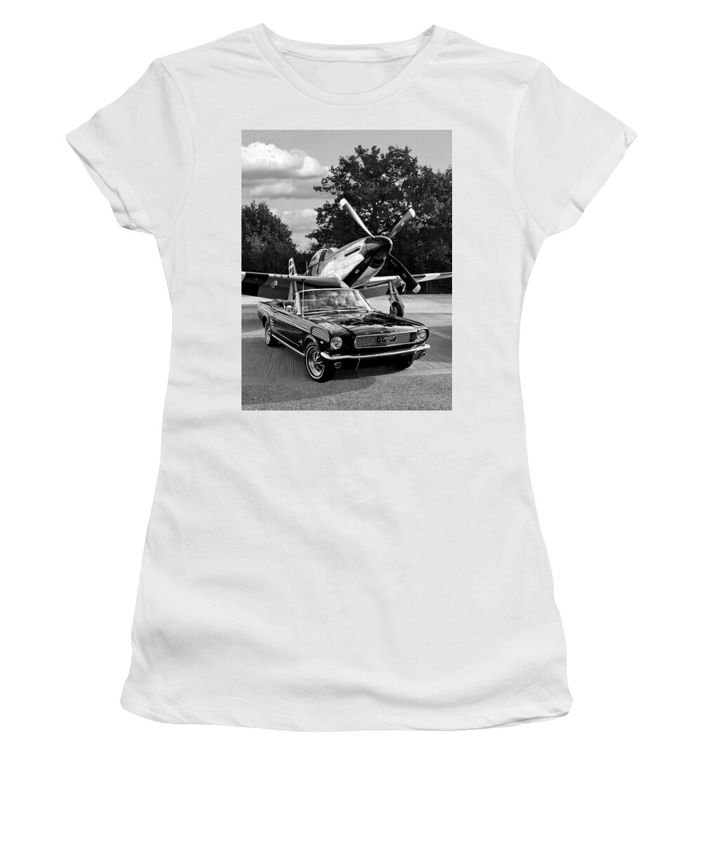 Ford Mustang Women's T-Shirt featuring the photograph Classic Mustang with p-51 Black And White by Gill Billington