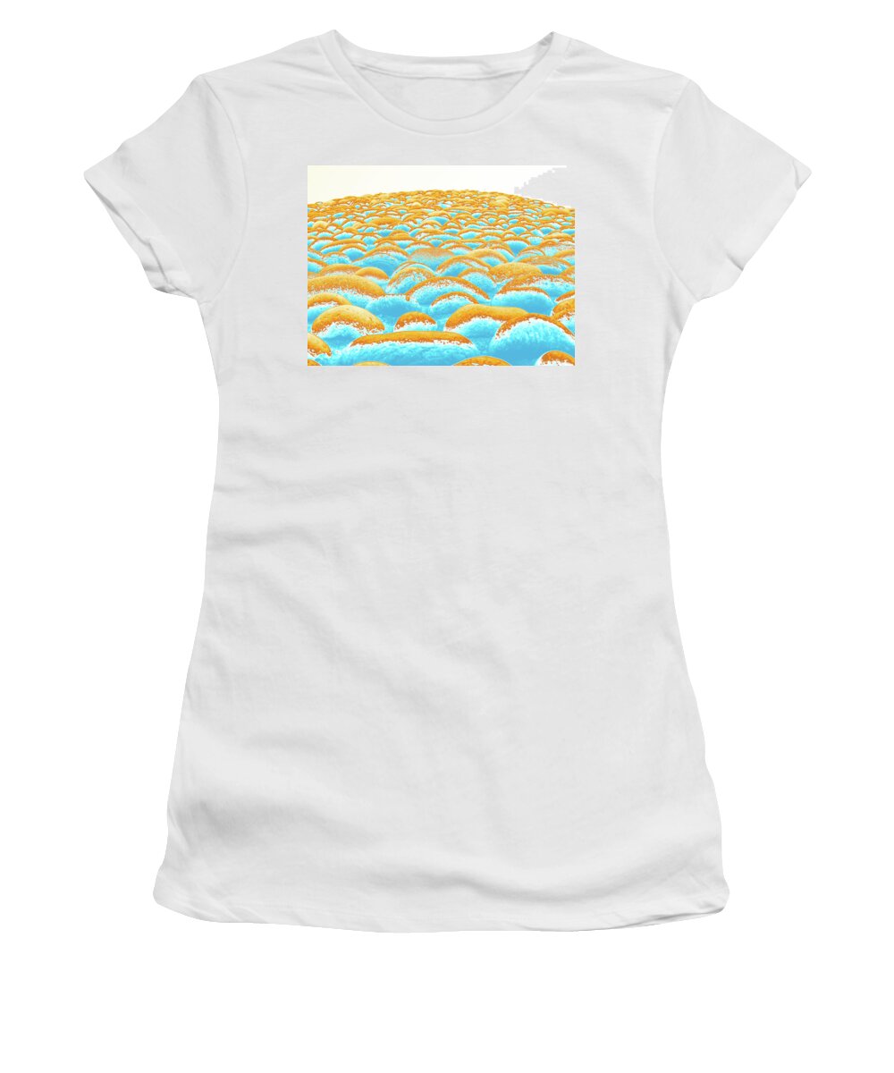 Abstract Women's T-Shirt featuring the digital art Close Up To A Rock Wall, Light Blue, Yellow, Brown, And White by David Desautel