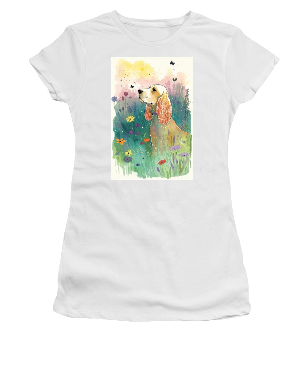 Cocker Spaniel Women's T-Shirt featuring the digital art Cocker Spaniel in flower field 2 by Debbie Brown