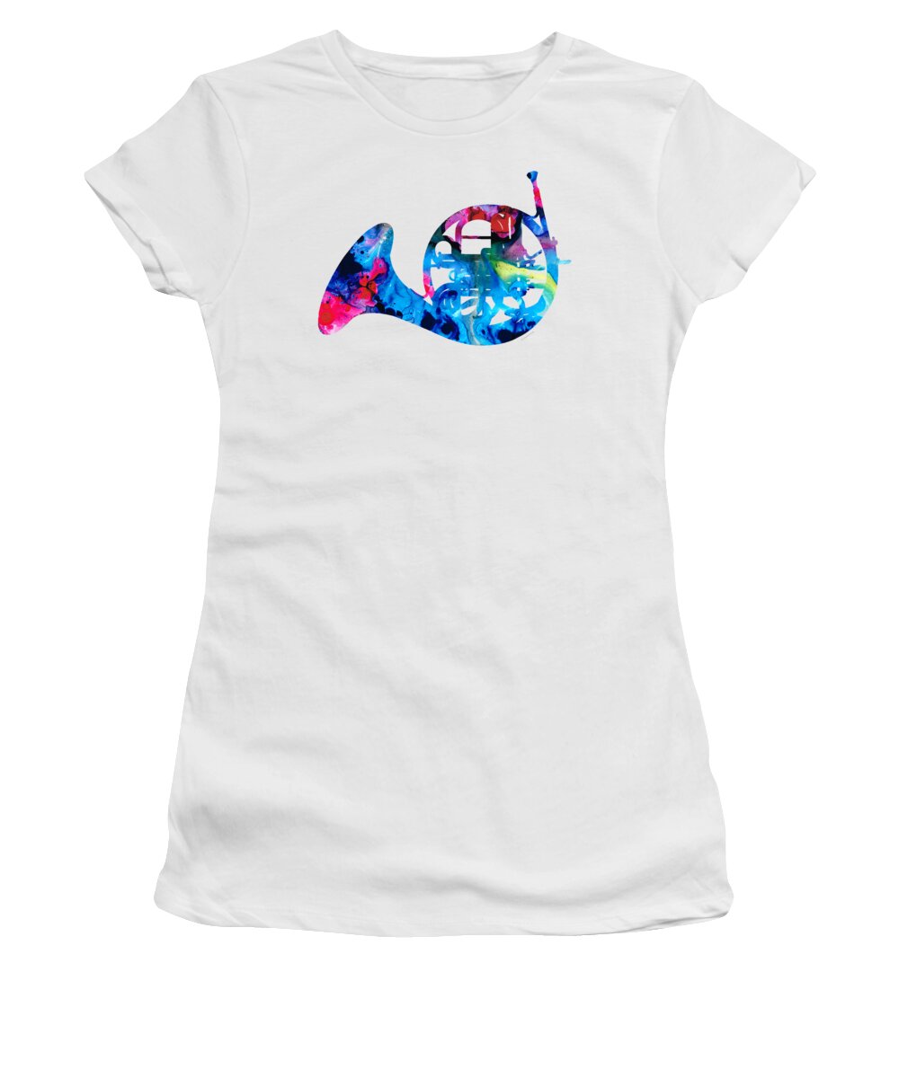 French Horn Women's T-Shirt featuring the painting Colorful French Horn 2 - Cool Colors Abstract Art Sharon Cummings by Sharon Cummings
