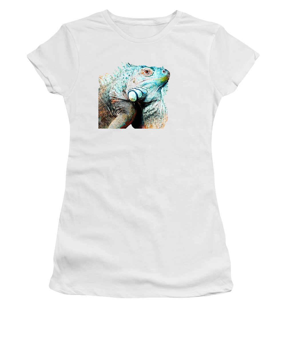 Iguana Women's T-Shirt featuring the painting Colorful Iguana Animal Art - Too Cool by Sharon Cummings