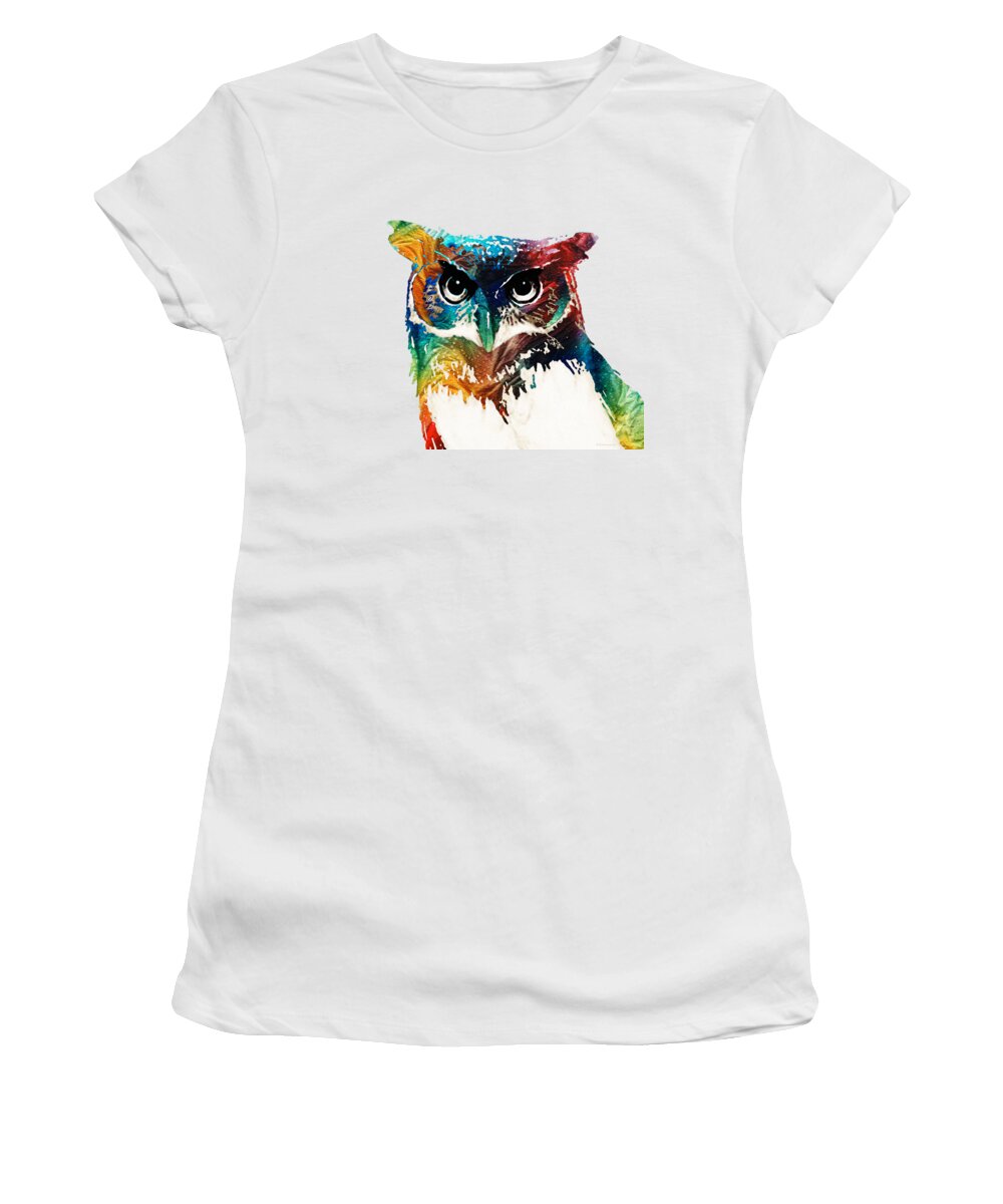 Owl Women's T-Shirt featuring the painting Colorful Owl Art - Wise Guy - By Sharon Cummings by Sharon Cummings