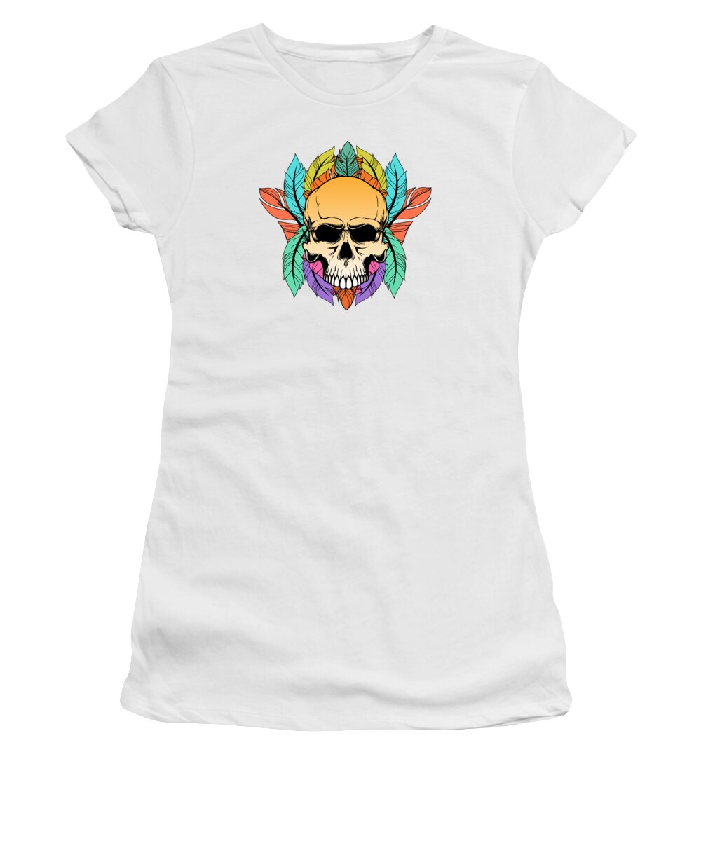 Skull Women's T-Shirt featuring the digital art Colorful Skull Feathers Pattern Peace Gothic by Toms Tee Store