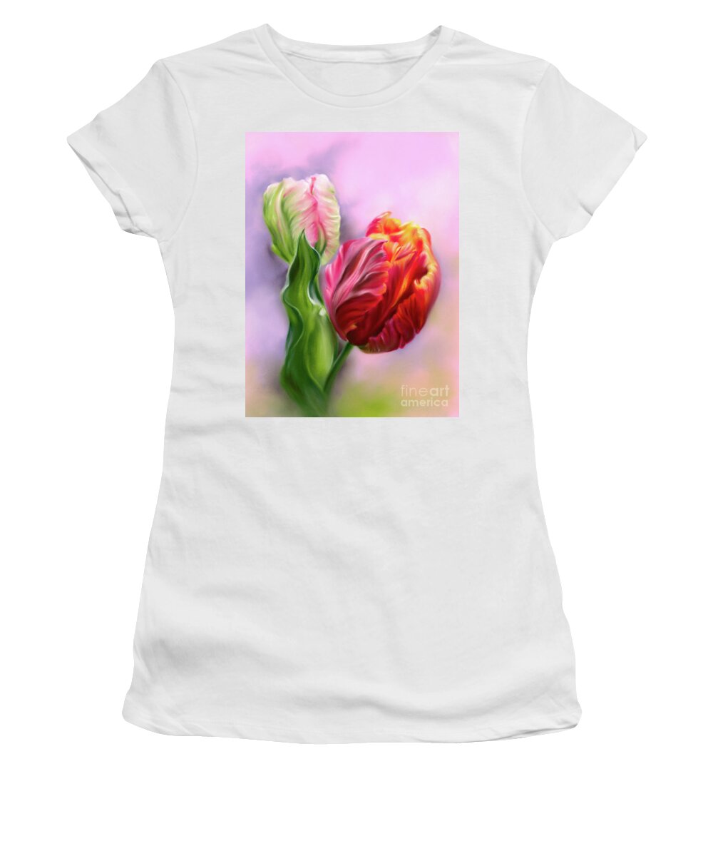 Botanical Women's T-Shirt featuring the painting Colorful Spring Tulips with Leaf by MM Anderson