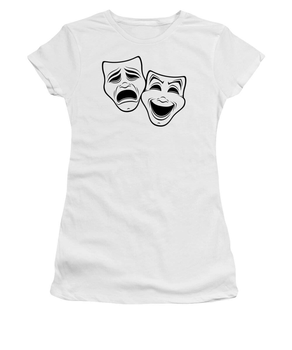 Acting Women's T-Shirt featuring the digital art Comedy And Tragedy Theater Masks Black Line by John Schwegel