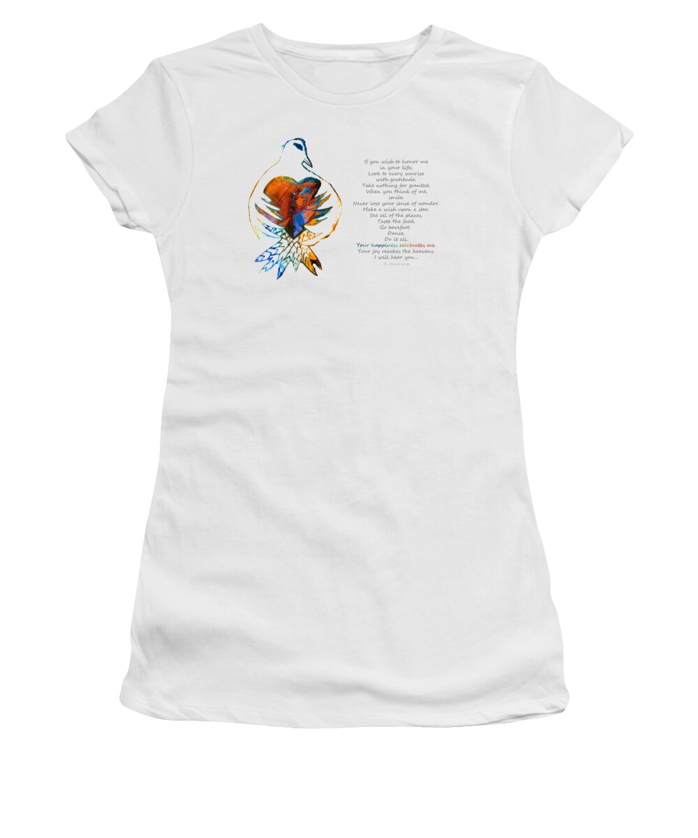Feather Women's T-Shirt featuring the painting Comforting Art For Grief - Celebrate Me by Sharon Cummings