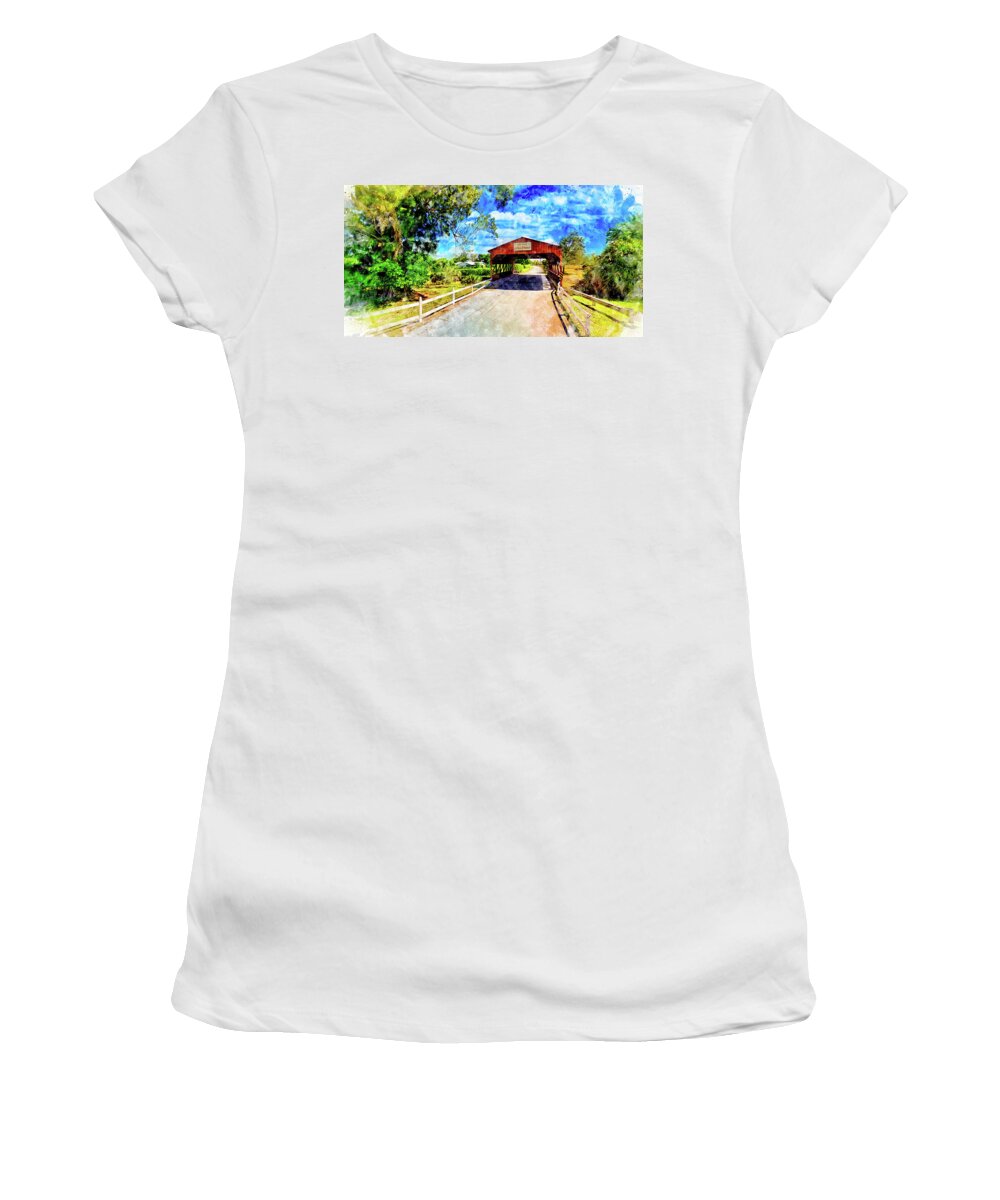 Coral Springs Covered Bridge Women's T-Shirt featuring the digital art Coral Springs Covered Bridge - watercolor ink painting by Nicko Prints