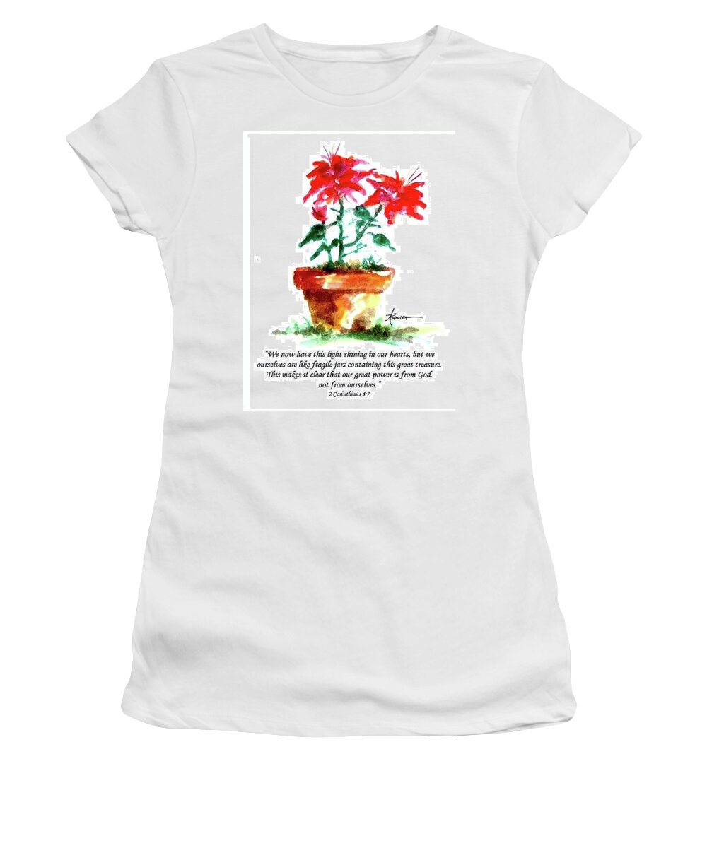Pointsettias Women's T-Shirt featuring the painting Cracked Pot With Scripture by Adele Bower