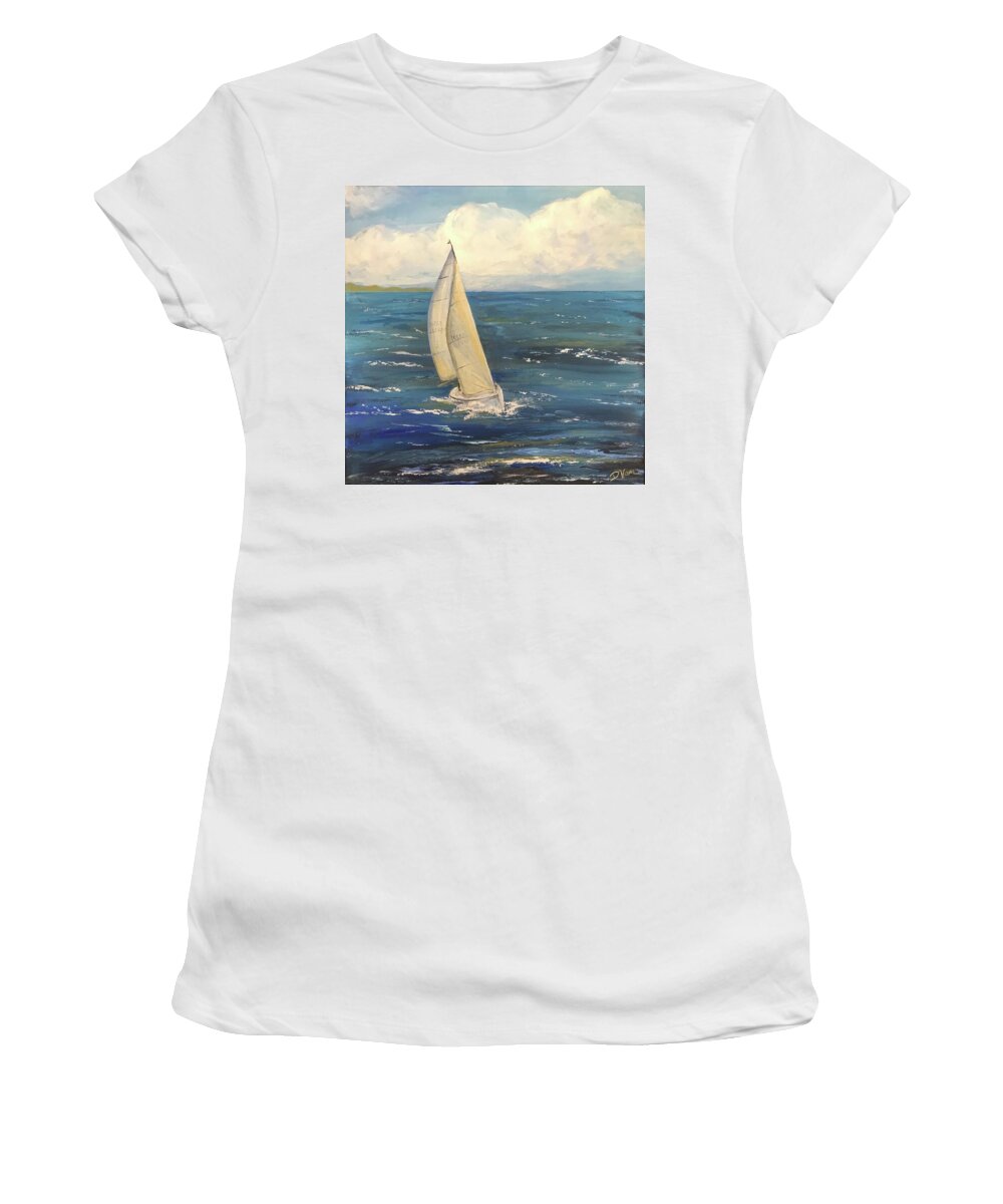Sailboat Women's T-Shirt featuring the painting Day Sail by Denise Van Deroef