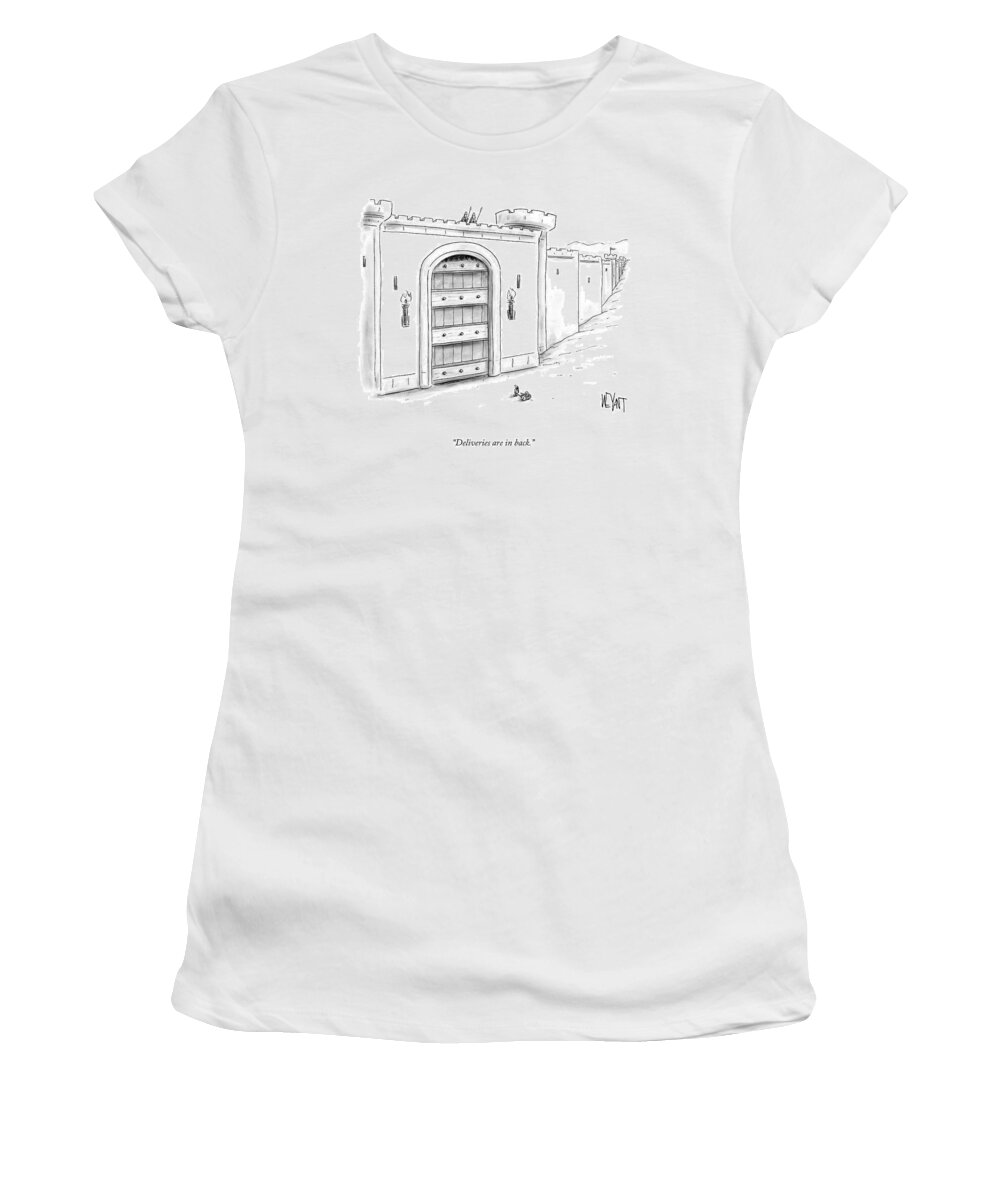 Deliveries Are In Back. Women's T-Shirt featuring the drawing Deliveries Are In Back by Christopher Weyant