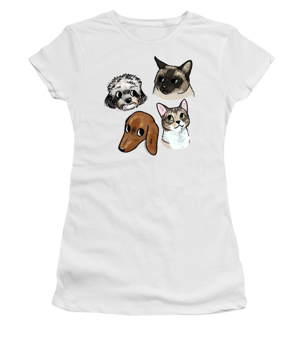 Cats Women's T-Shirt featuring the drawing Dillon - 2 Dogs and 2 Cats by Claire DeWilde