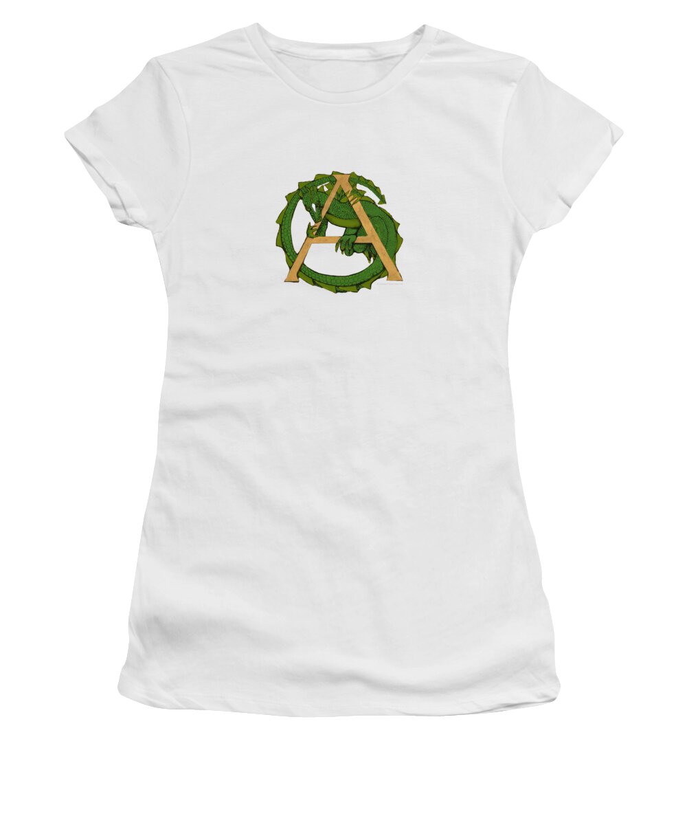 Green Women's T-Shirt featuring the mixed media Dragon Letter A by Donna Huntriss