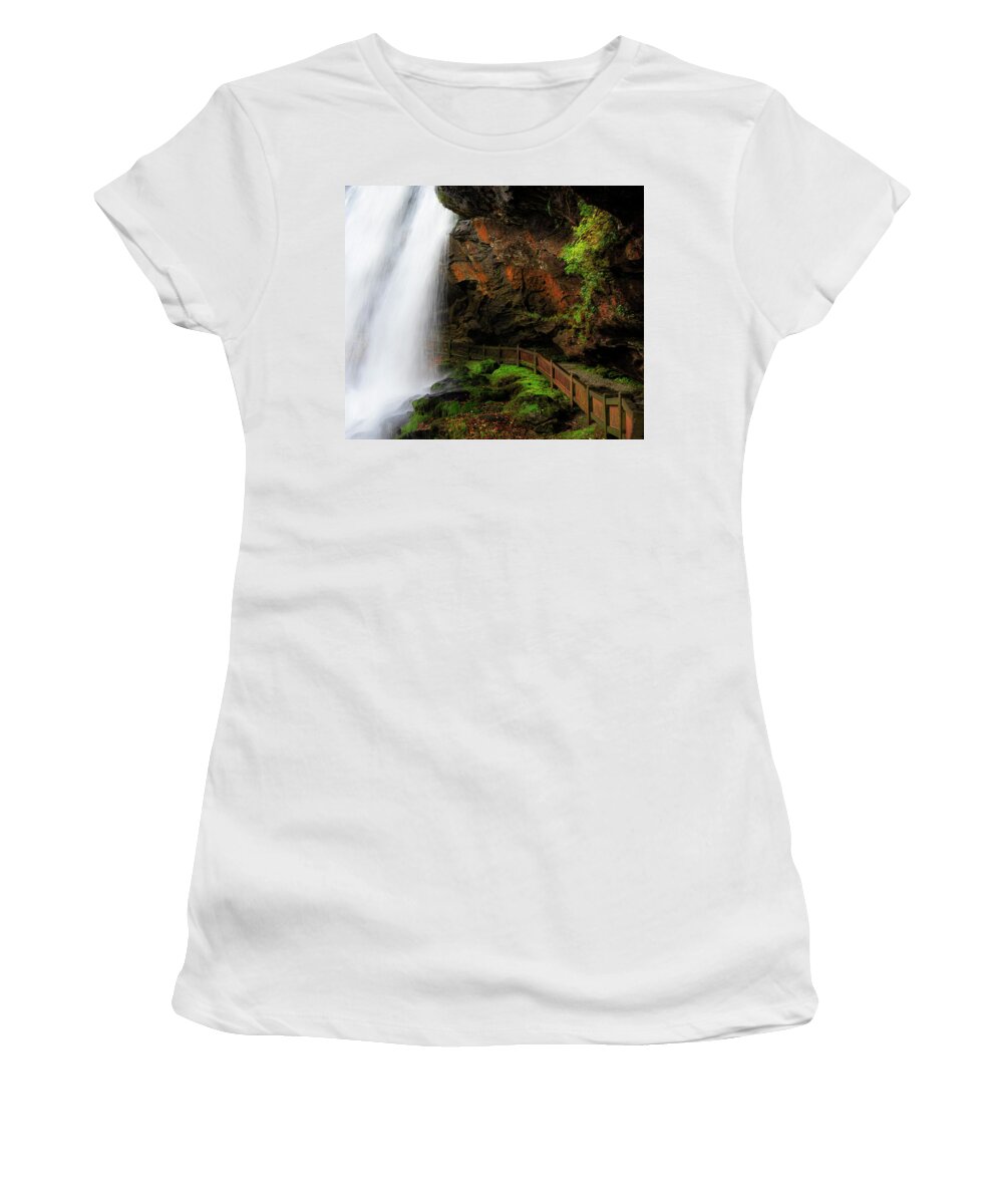 Dry Falls Walkway Women's T-Shirt featuring the photograph Dry Falls North Carolina Highlands Path by Dan Sproul