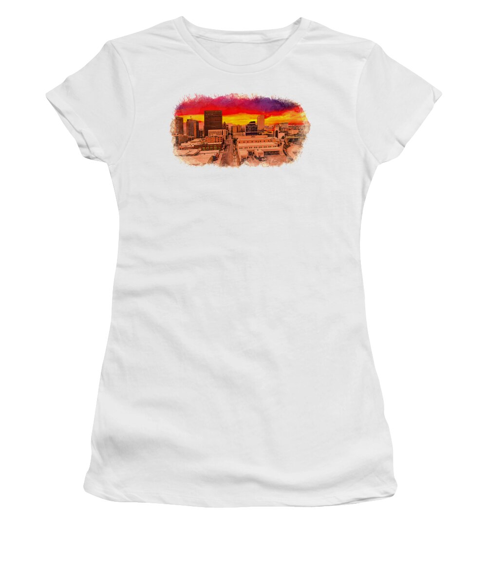 El Paso Women's T-Shirt featuring the digital art East Mills Avenue in downtown El Paso at sunset - watercolor painting by Nicko Prints