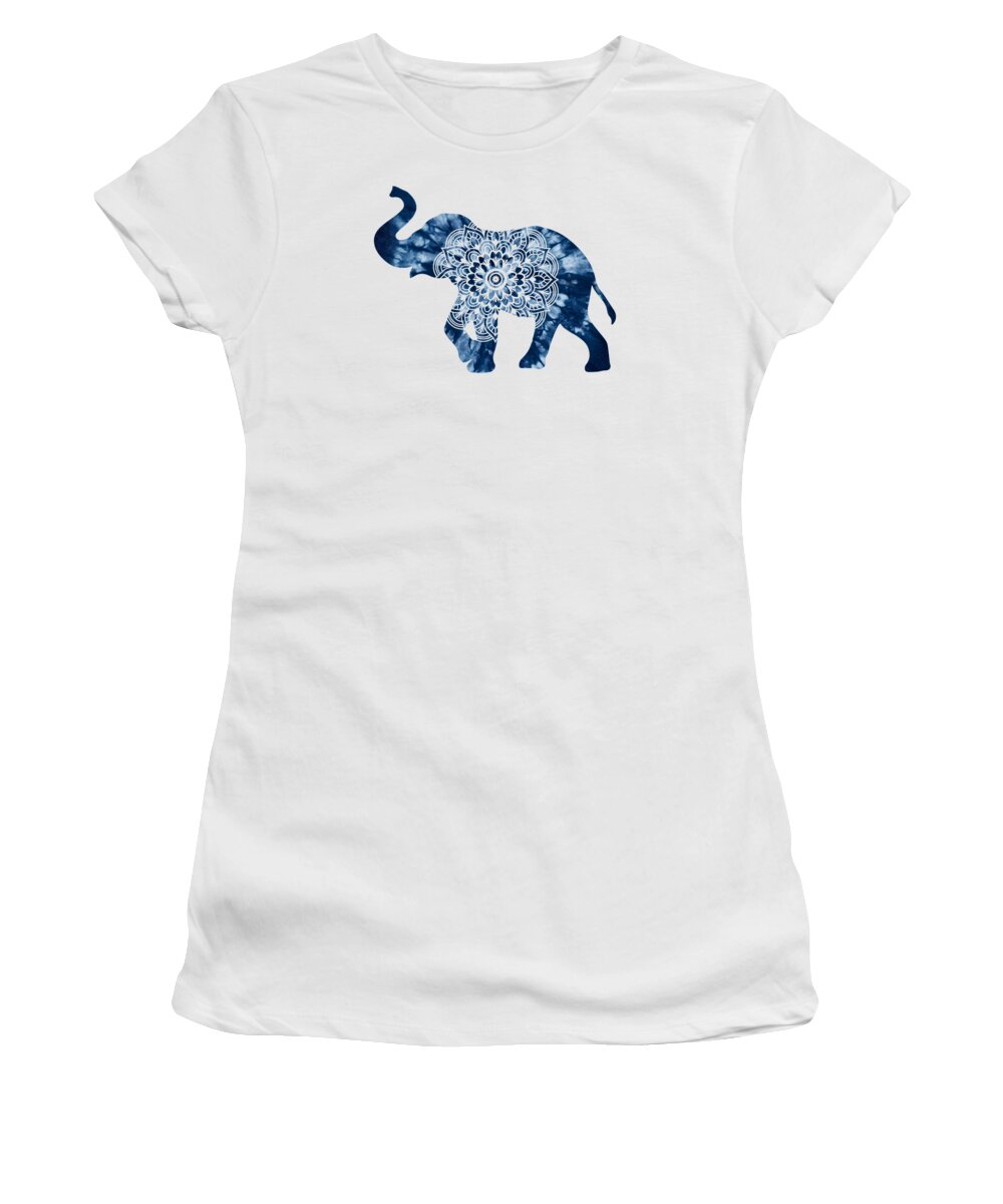 Elephant Women's T-Shirt featuring the painting Elephant Mandala Indigo Blue Batik tie dye by Tina Lavoie