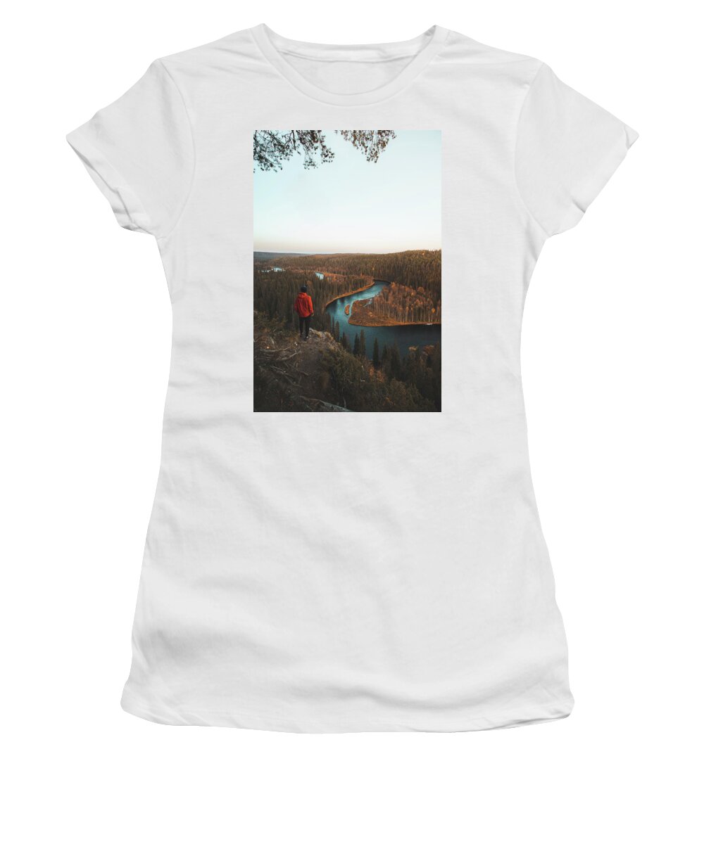 Kuusamo Women's T-Shirt featuring the photograph Explorer looks at the blue snake, the river which is surrounded by spruce forests by Vaclav Sonnek