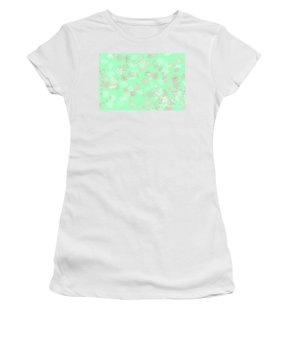 Ice Words Women's T-Shirt featuring the photograph Falling snowflakes pattern on green background by Simon Bratt
