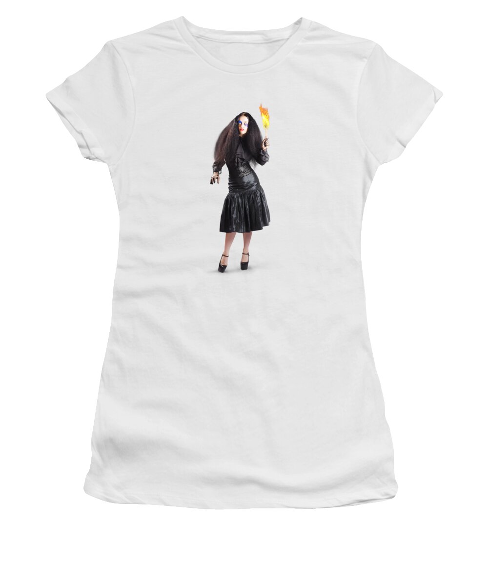 Scare Women's T-Shirt featuring the photograph Female jester holding lit fire torch by Jorgo Photography