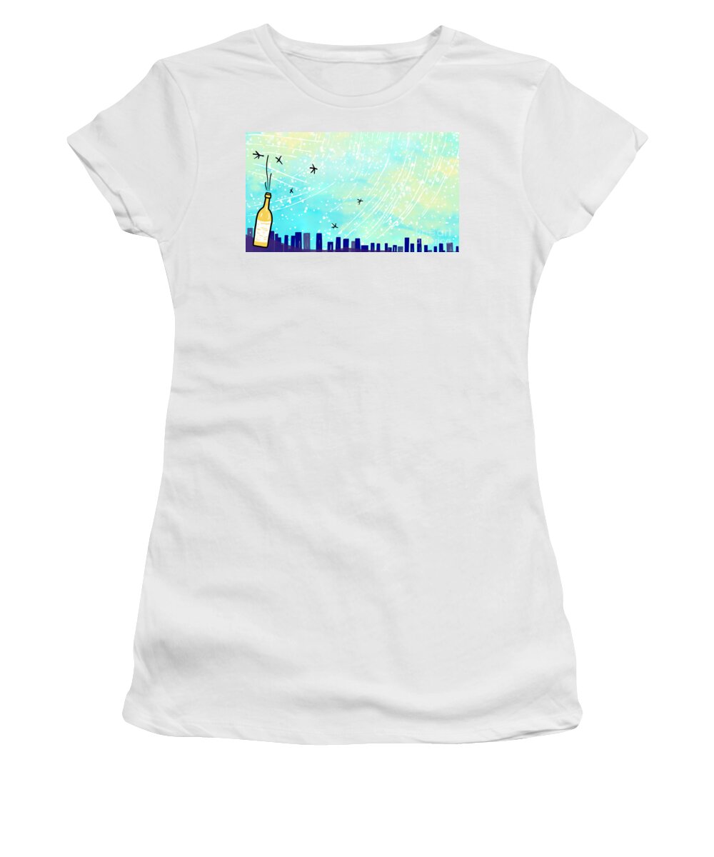 Night Women's T-Shirt featuring the digital art Festive mood with the silhouette of the city. New Year's background by Odon Czintos