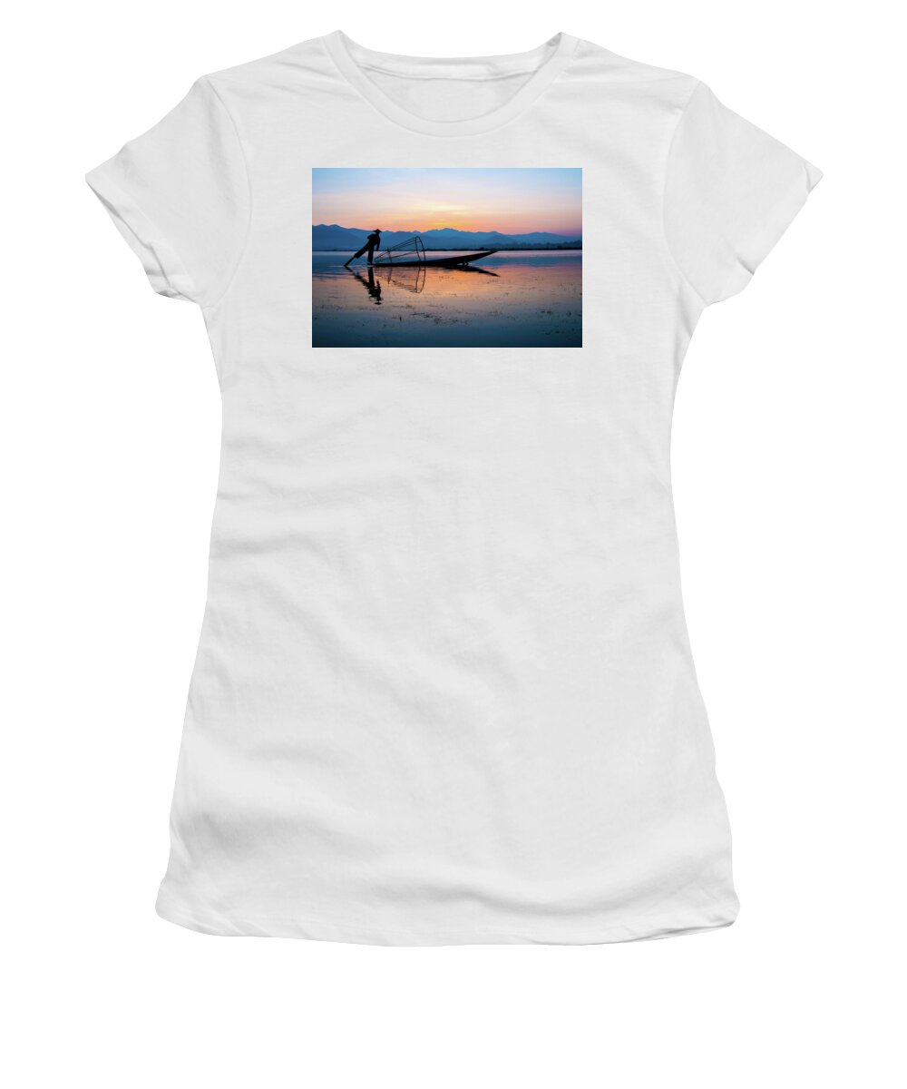 Fisherman Women's T-Shirt featuring the photograph Fisherman at Inle Lake by Arj Munoz